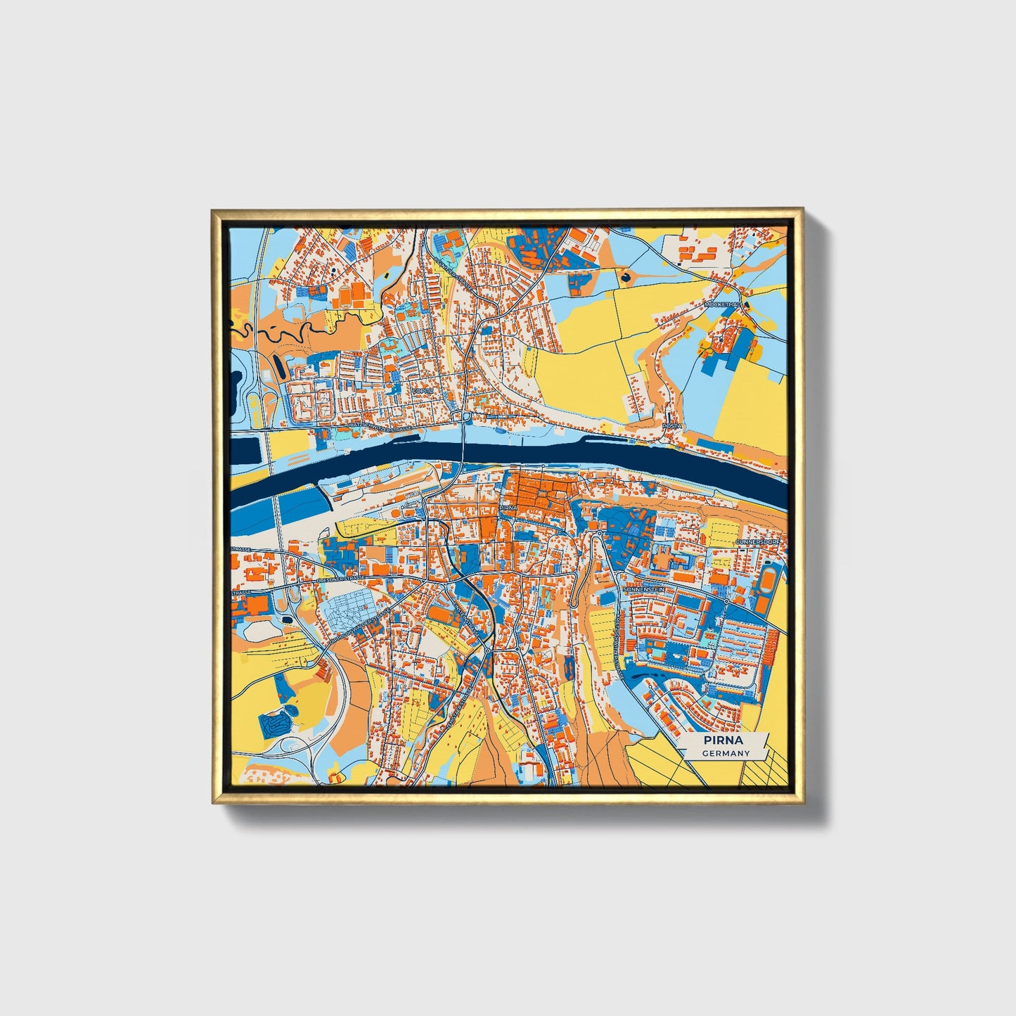 Pirna Germany Colorful City Map Canvas Print • Gold Framed