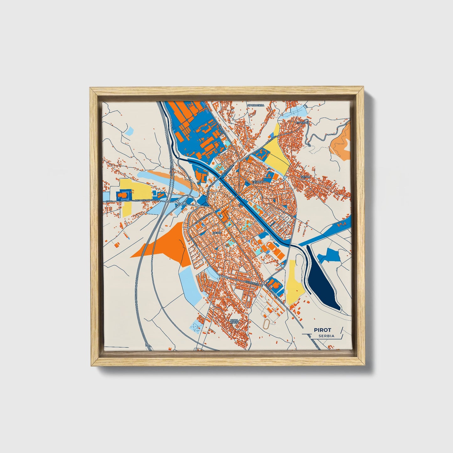 Пирот Serbia Colorful City Map Canvas Print • Natural Wooden Framed