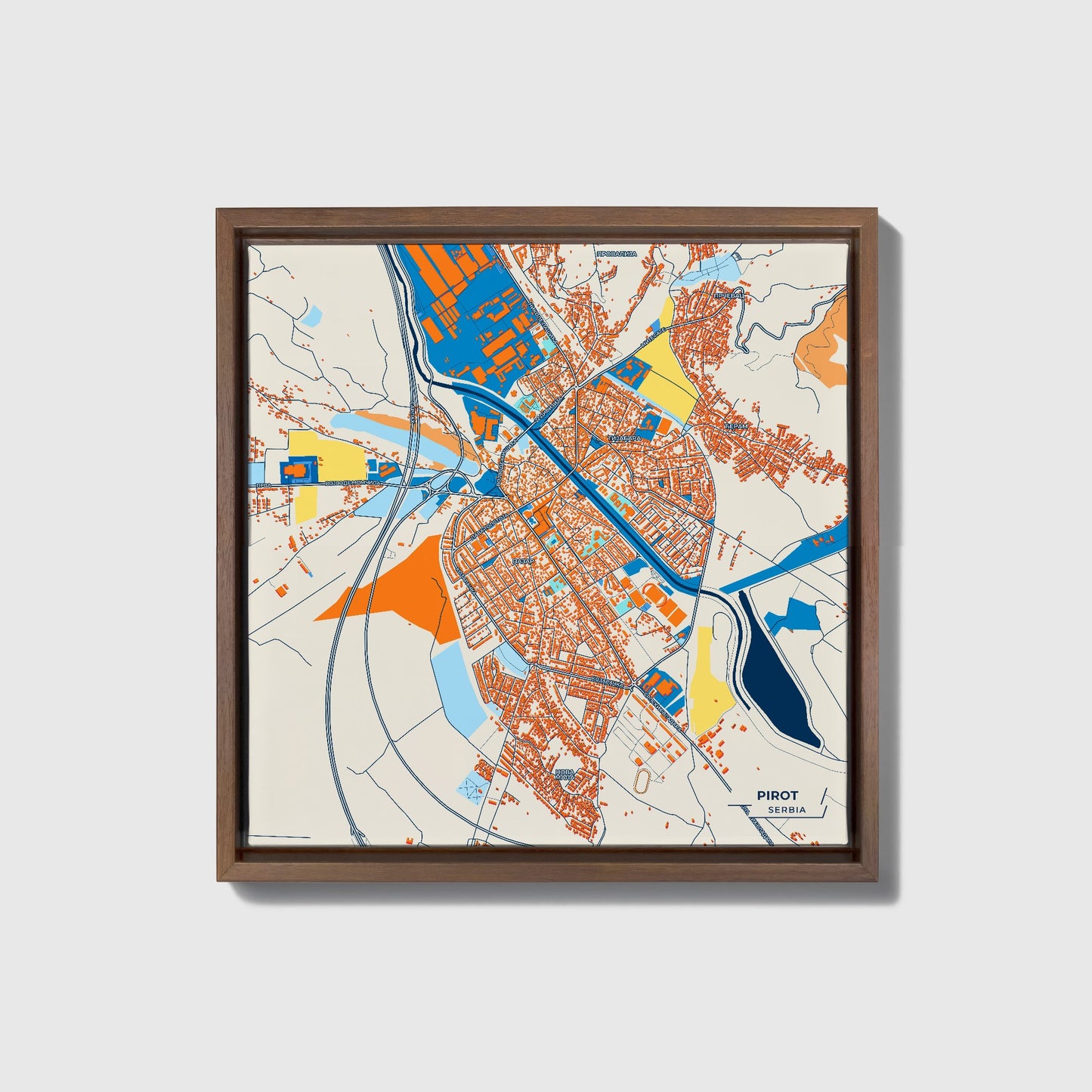 Пирот Serbia Colorful City Map Canvas Print • Dark Wooden Framed