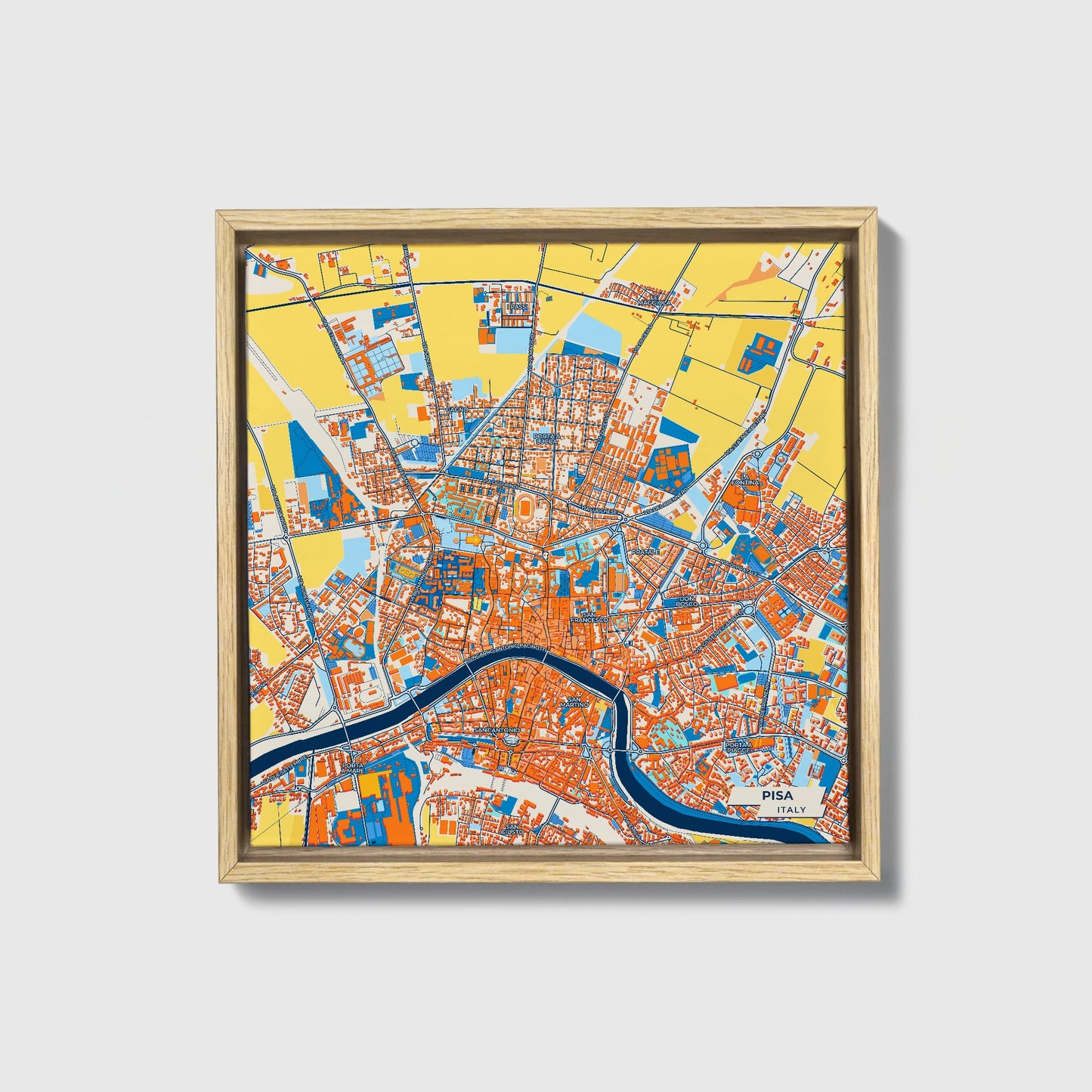 Pisa Italy Colorful City Map Canvas Print • Natural Wooden Framed