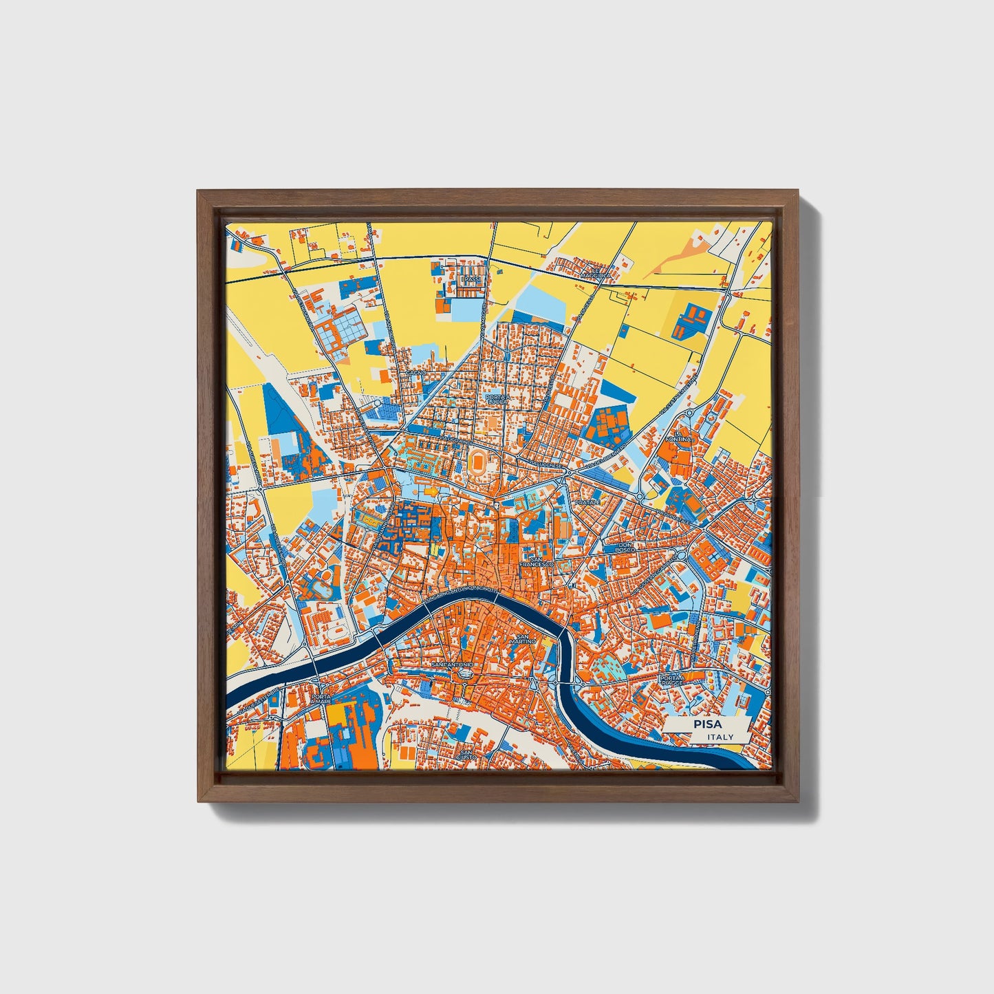 Pisa Italy Colorful City Map Canvas Print • Dark Wooden Framed