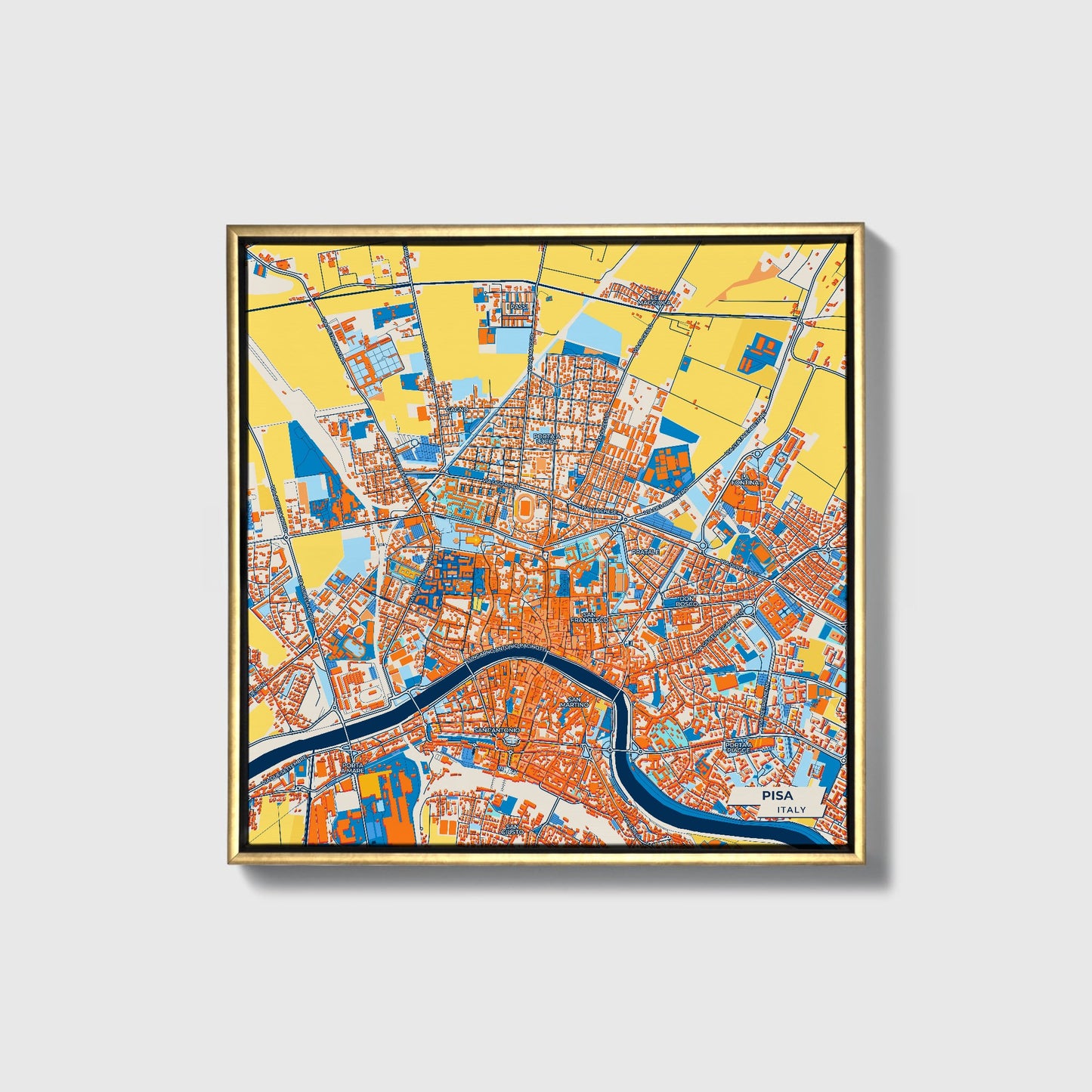 Pisa Italy Colorful City Map Canvas Print • Gold Framed