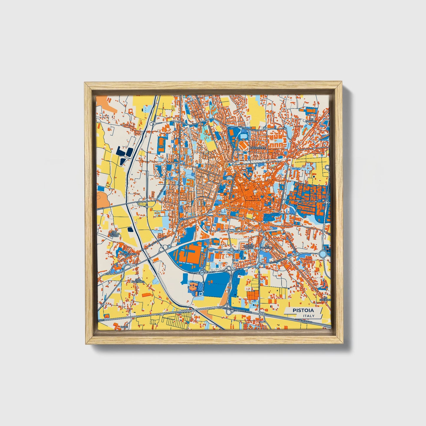 Pistoia Italy Colorful City Map Canvas Print • Natural Wooden Framed
