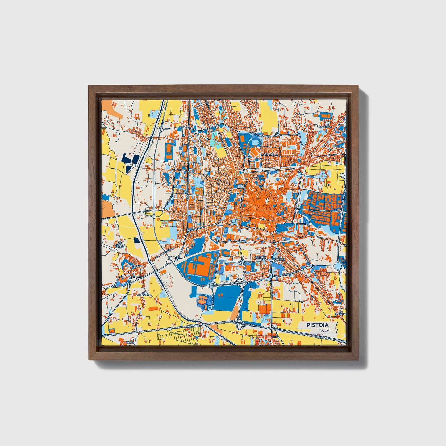 Pistoia Italy Colorful City Map Canvas Print • Dark Wooden Framed