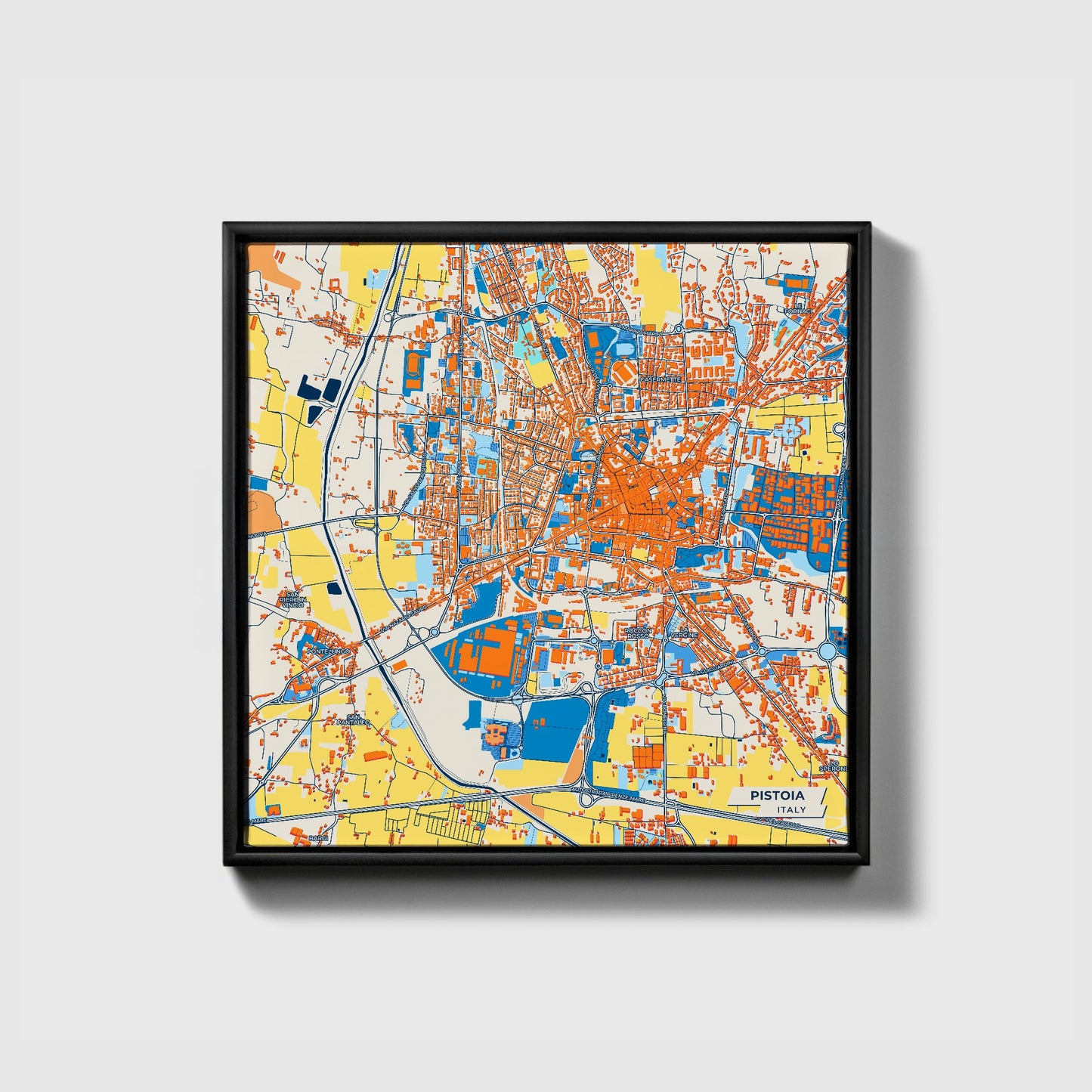 Pistoia Italy Colorful City Map Canvas Print • Black Framed