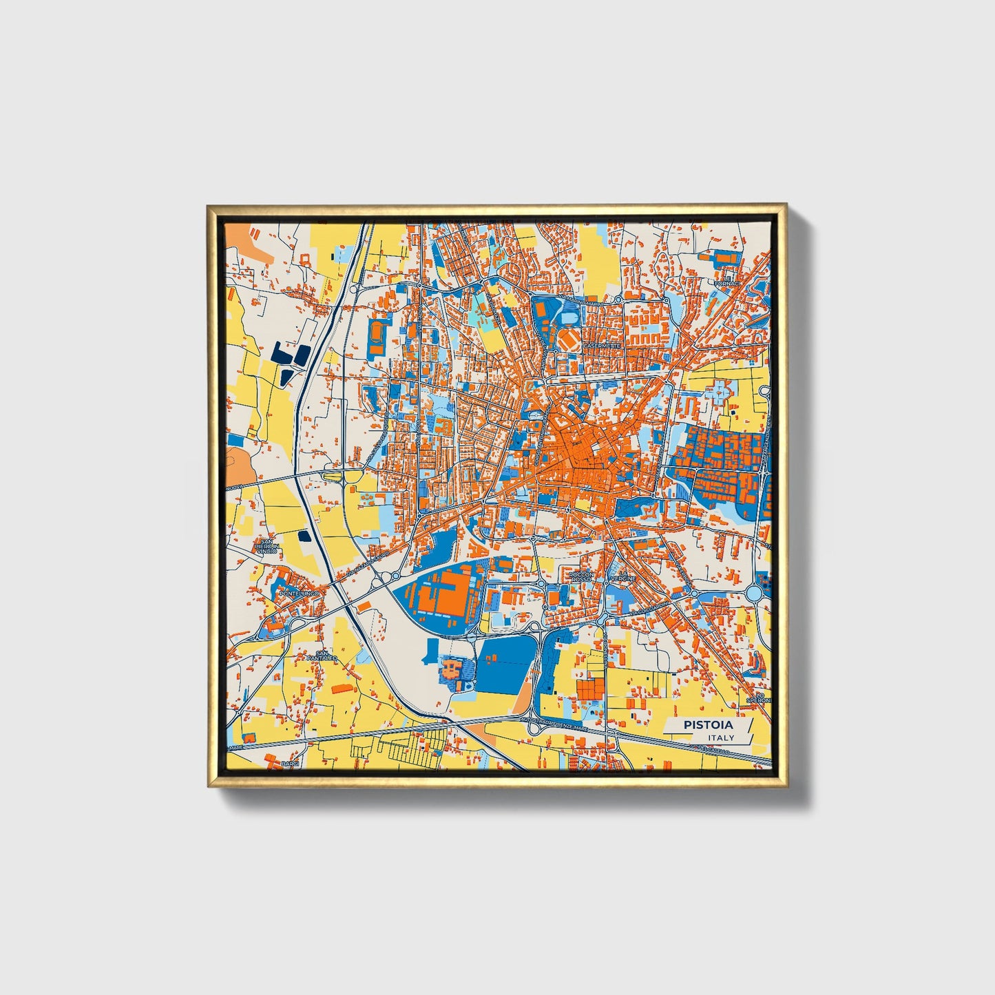 Pistoia Italy Colorful City Map Canvas Print • Gold Framed