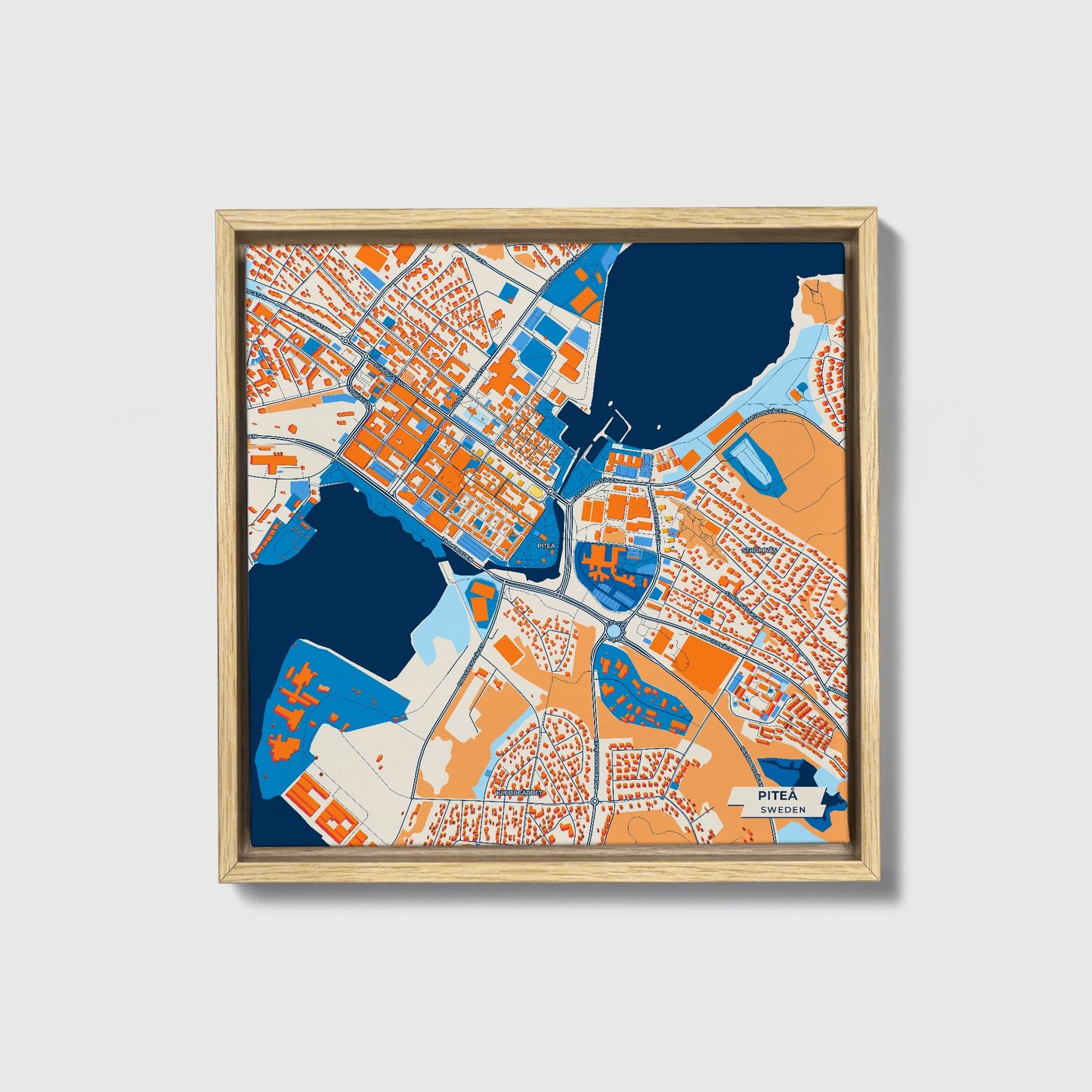 Piteå Sweden Colorful City Map Canvas Print • Natural Wooden Framed
