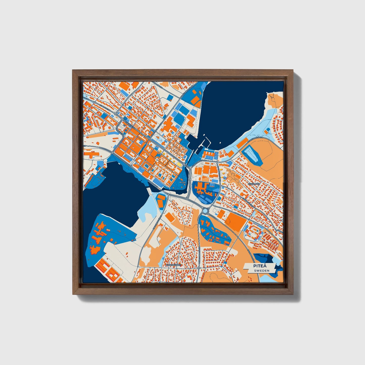 Piteå Sweden Colorful City Map Canvas Print • Dark Wooden Framed