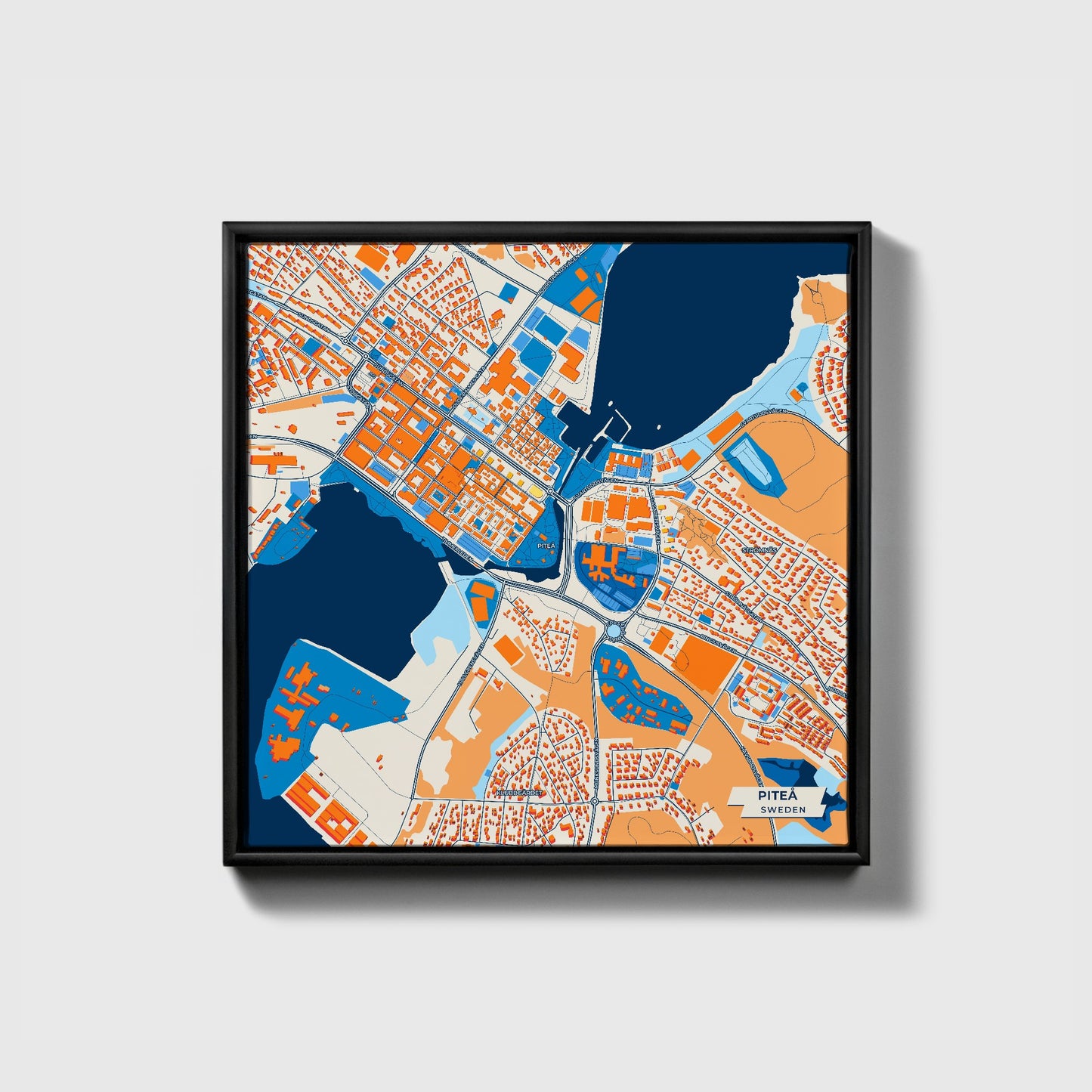 Piteå Sweden Colorful City Map Canvas Print • Black Framed