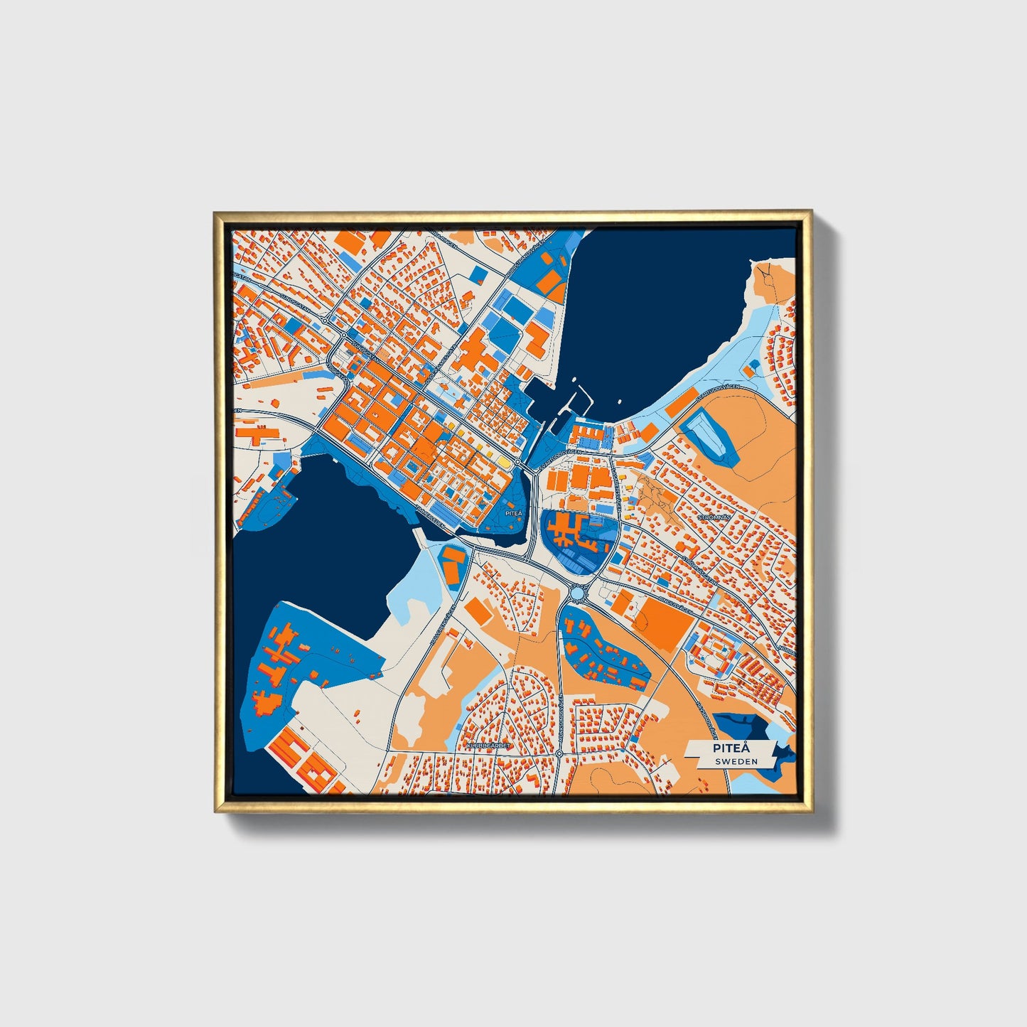 Piteå Sweden Colorful City Map Canvas Print • Gold Framed