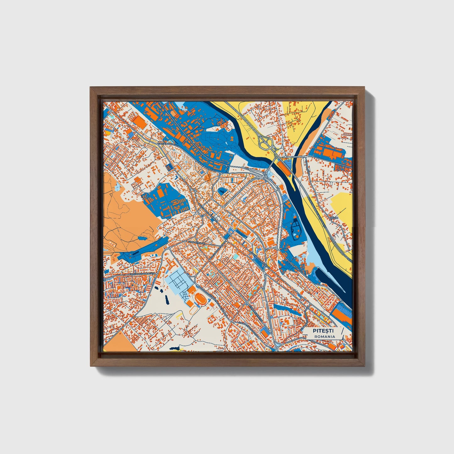 Pitești Romania Colorful City Map Canvas Print • Dark Wooden Framed