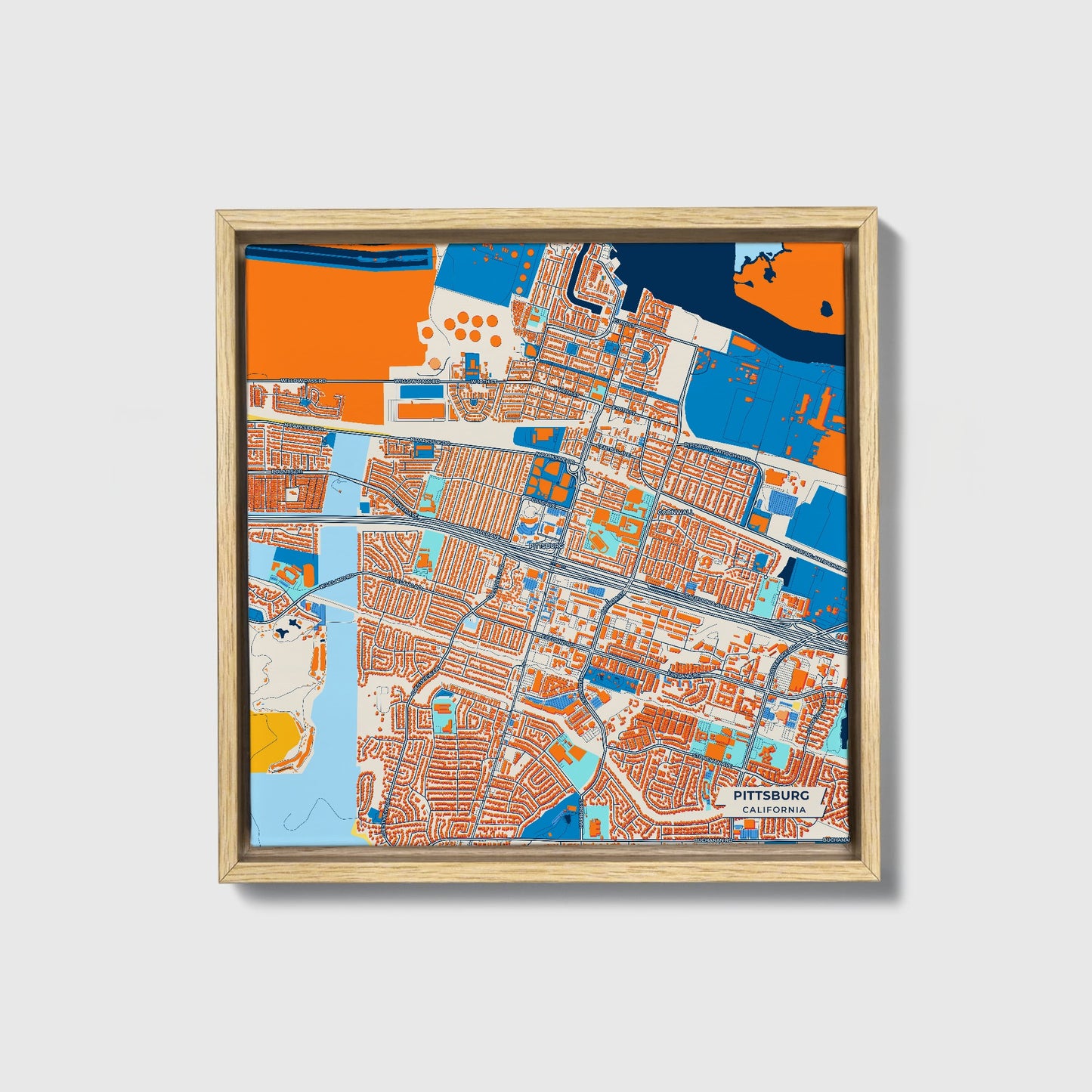 Pittsburg California Colorful City Map Canvas Print • Natural Wooden Framed