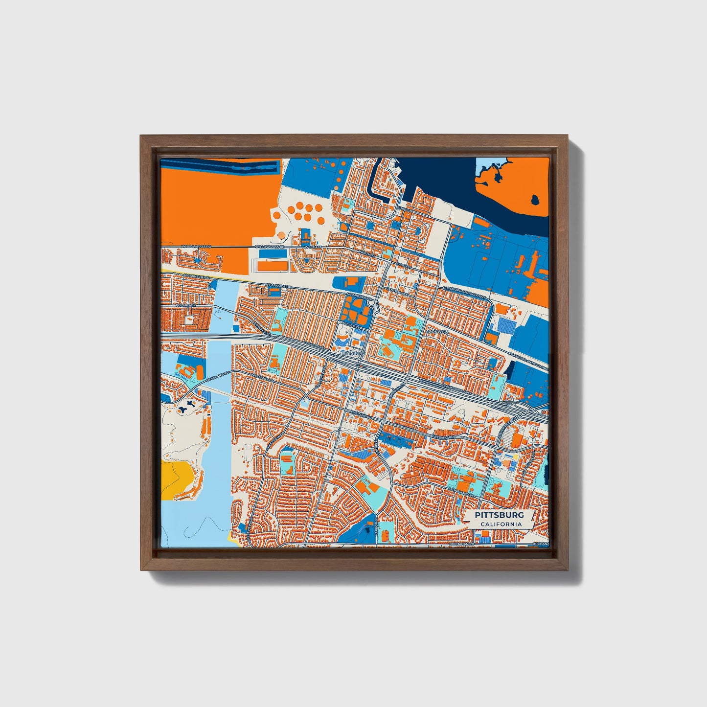 Pittsburg California Colorful City Map Canvas Print • Dark Wooden Framed