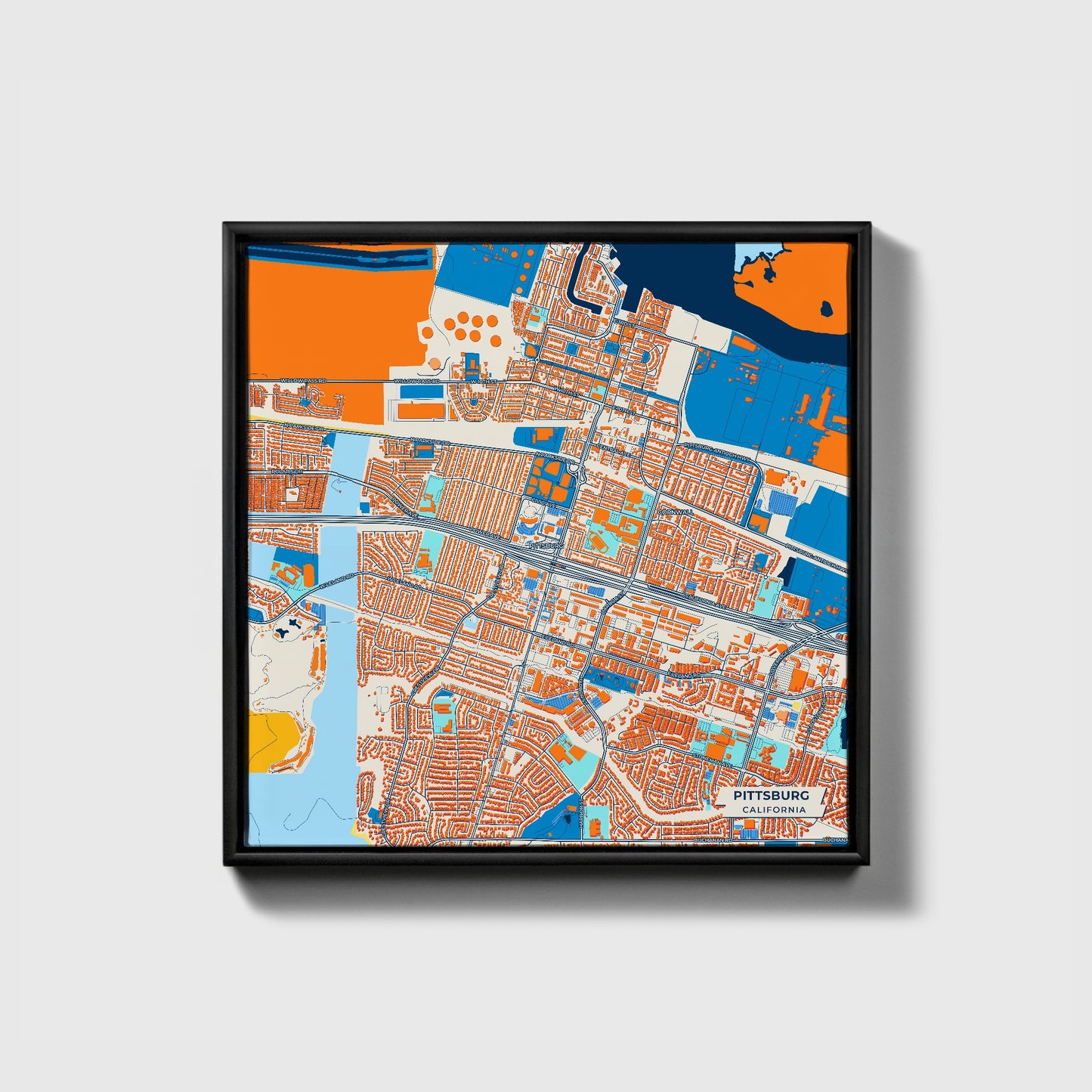 Pittsburg California Colorful City Map Canvas Print • Black Framed