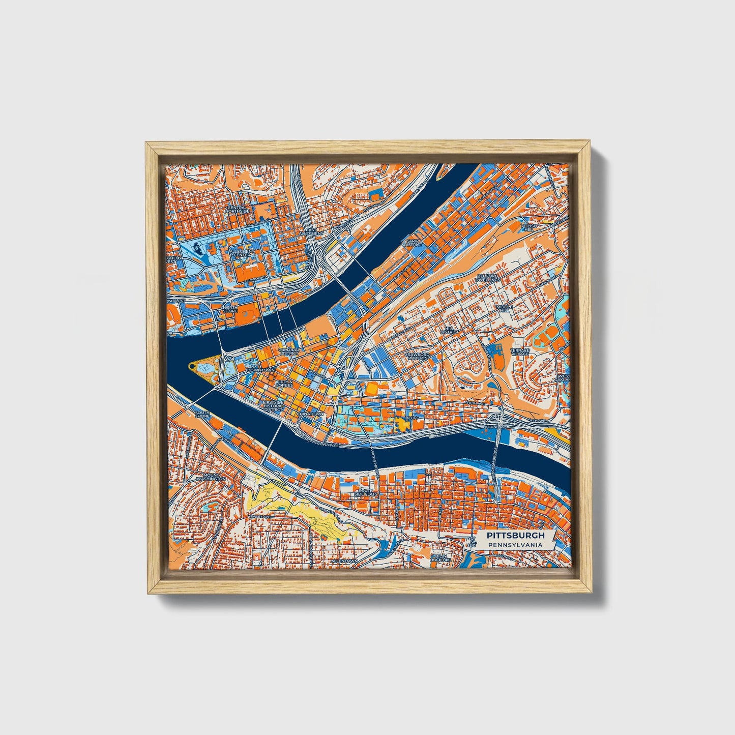 Pittsburgh Pennsylvania Colorful City Map Canvas Print • Natural Wooden Framed