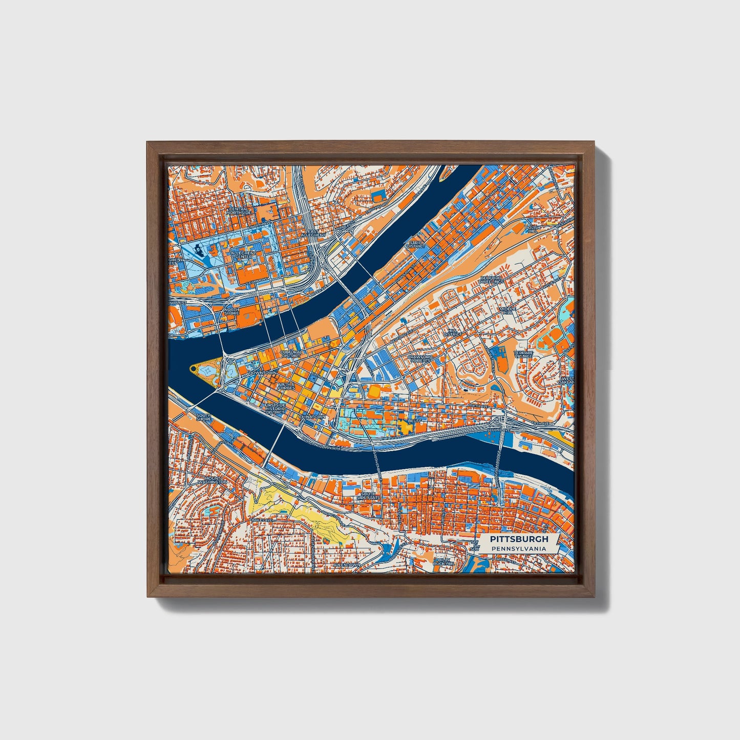 Pittsburgh Pennsylvania Colorful City Map Canvas Print • Dark Wooden Framed