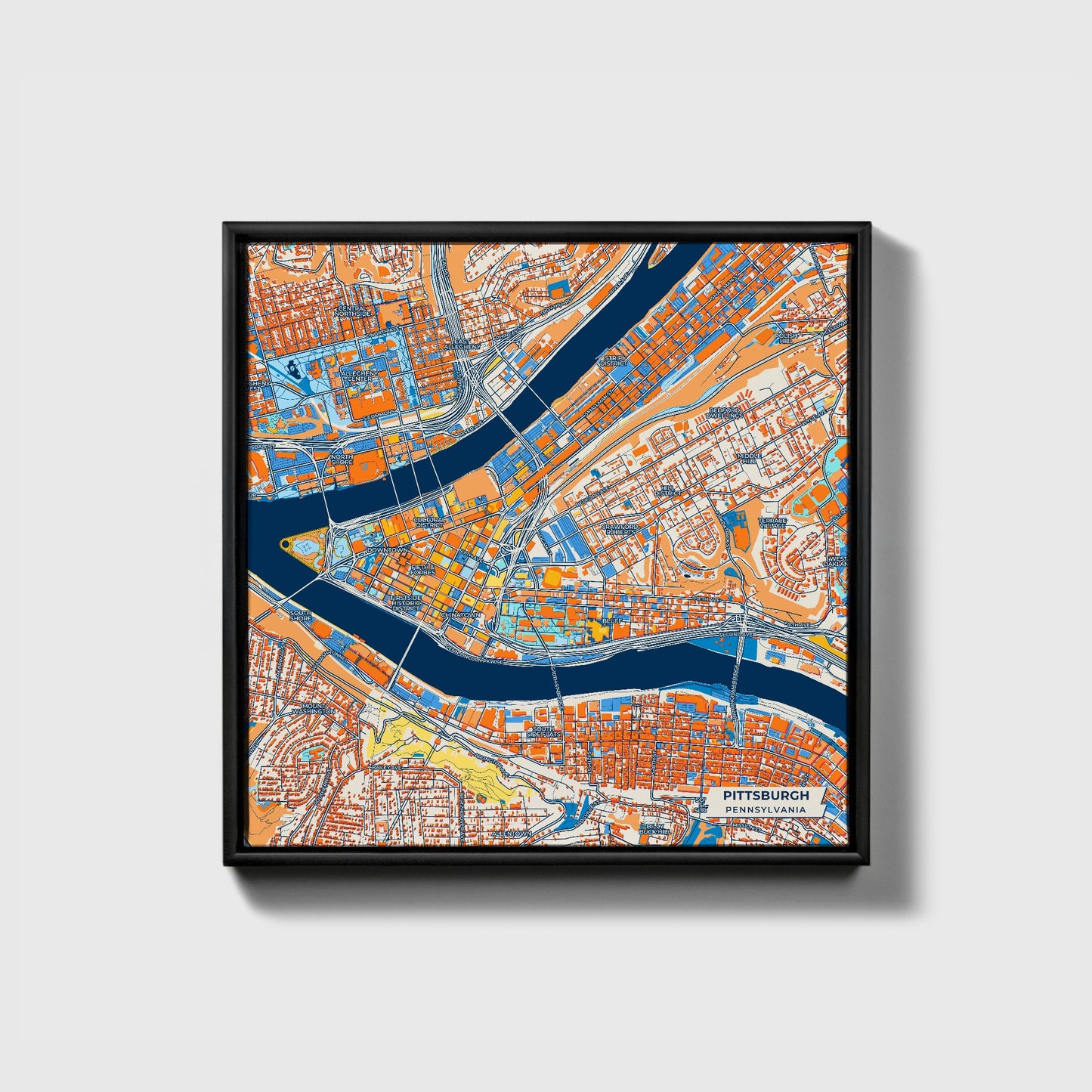 Pittsburgh Pennsylvania Colorful City Map Canvas Print • Black Framed