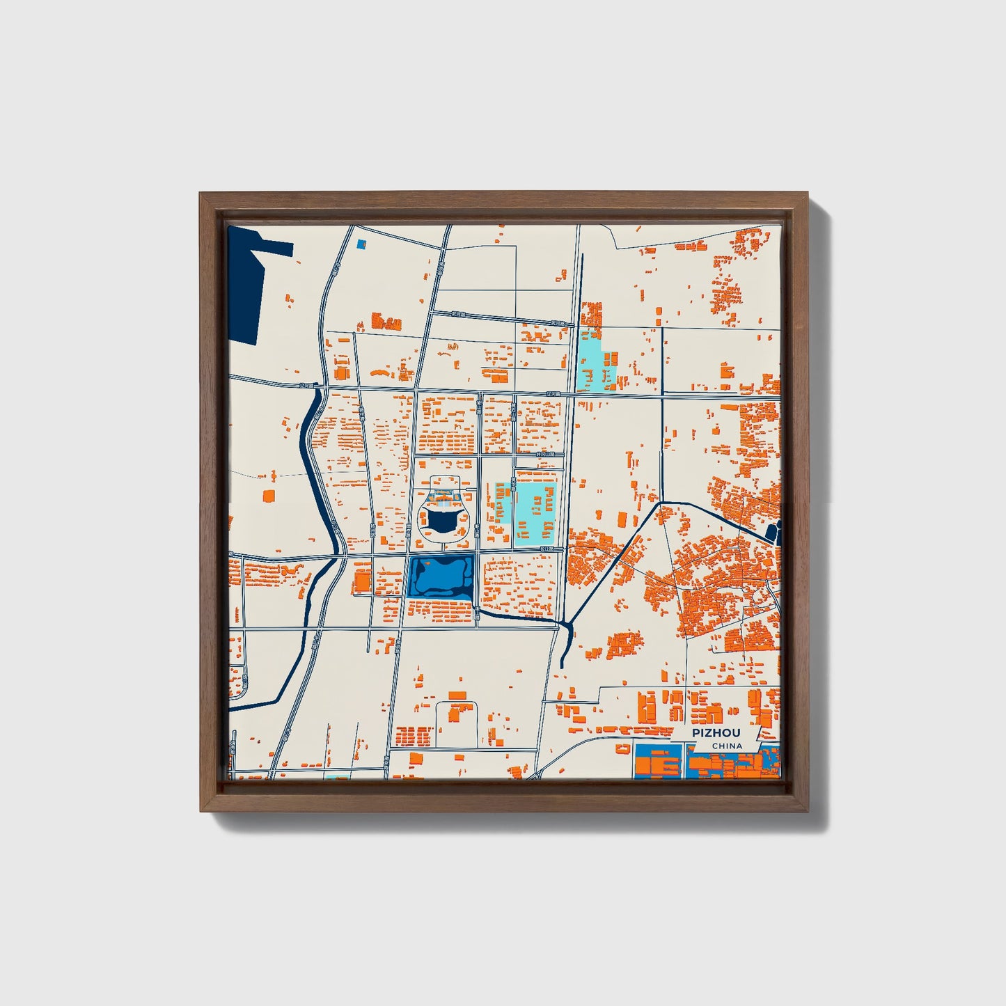 Pizhou China Colorful City Map Canvas Print • Dark Wooden Framed