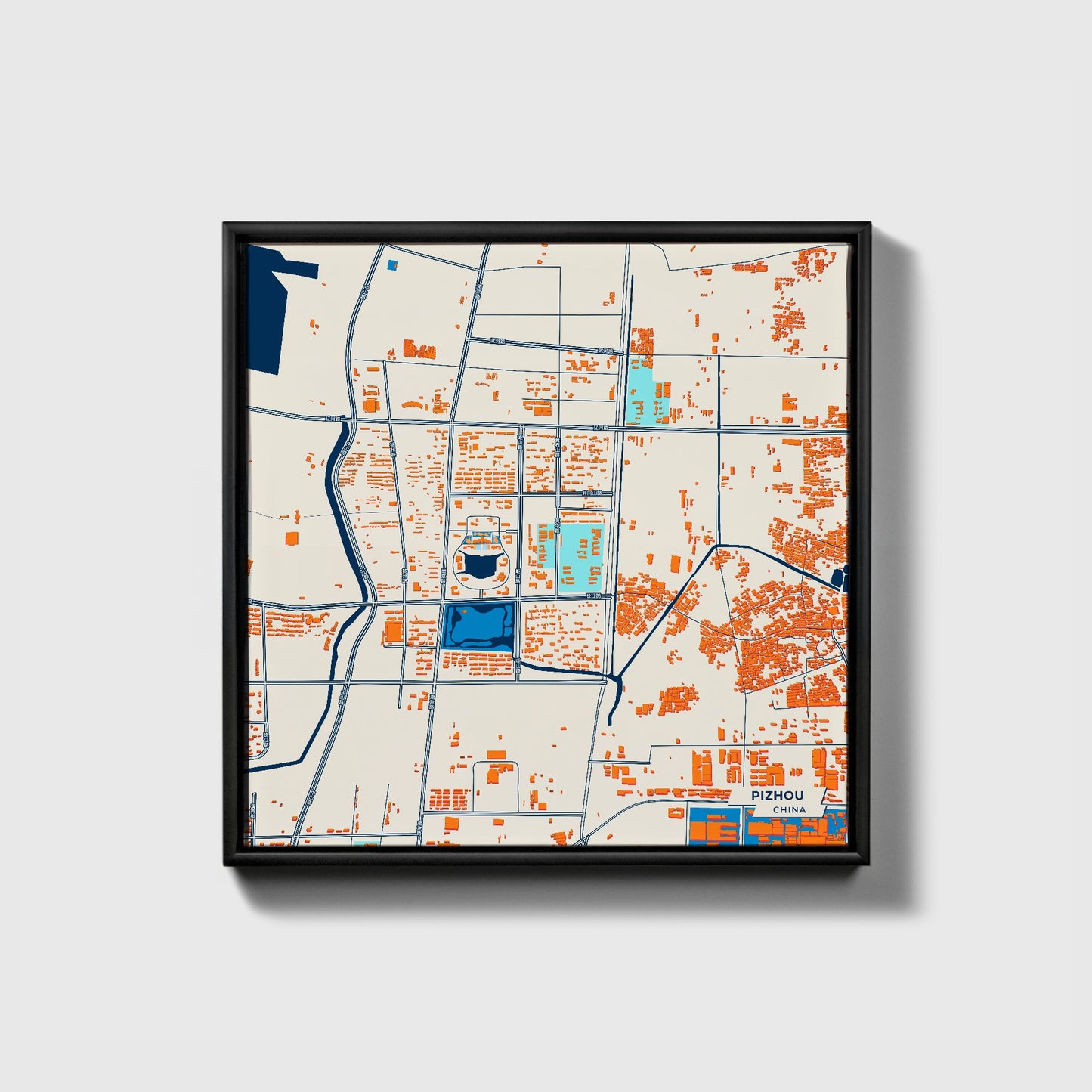 Pizhou China Colorful City Map Canvas Print • Black Framed