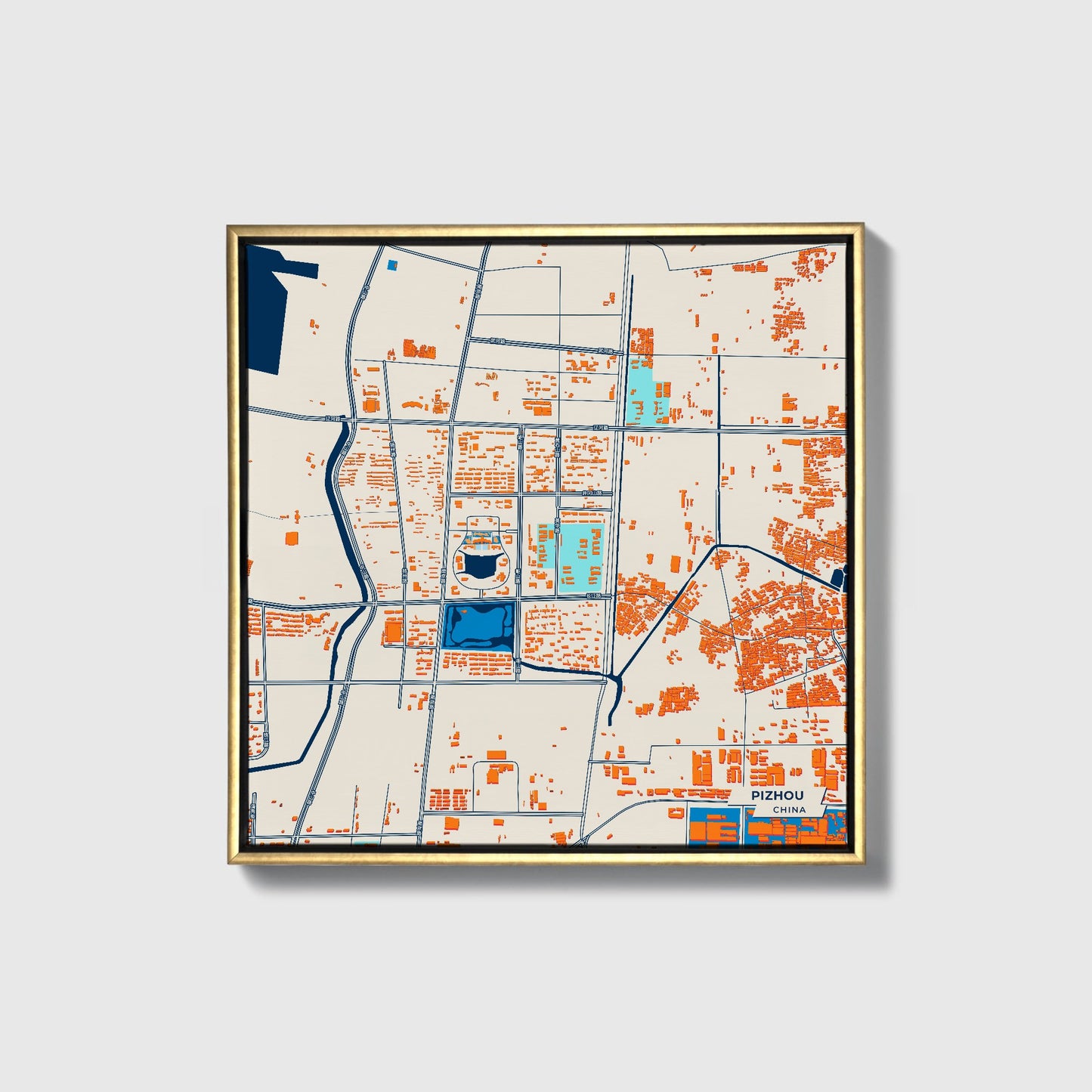 Pizhou China Colorful City Map Canvas Print • Gold Framed