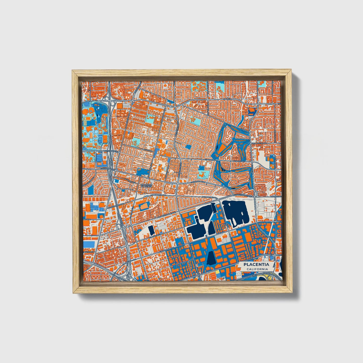 Placentia California Colorful City Map Canvas Print • Natural Wooden Framed