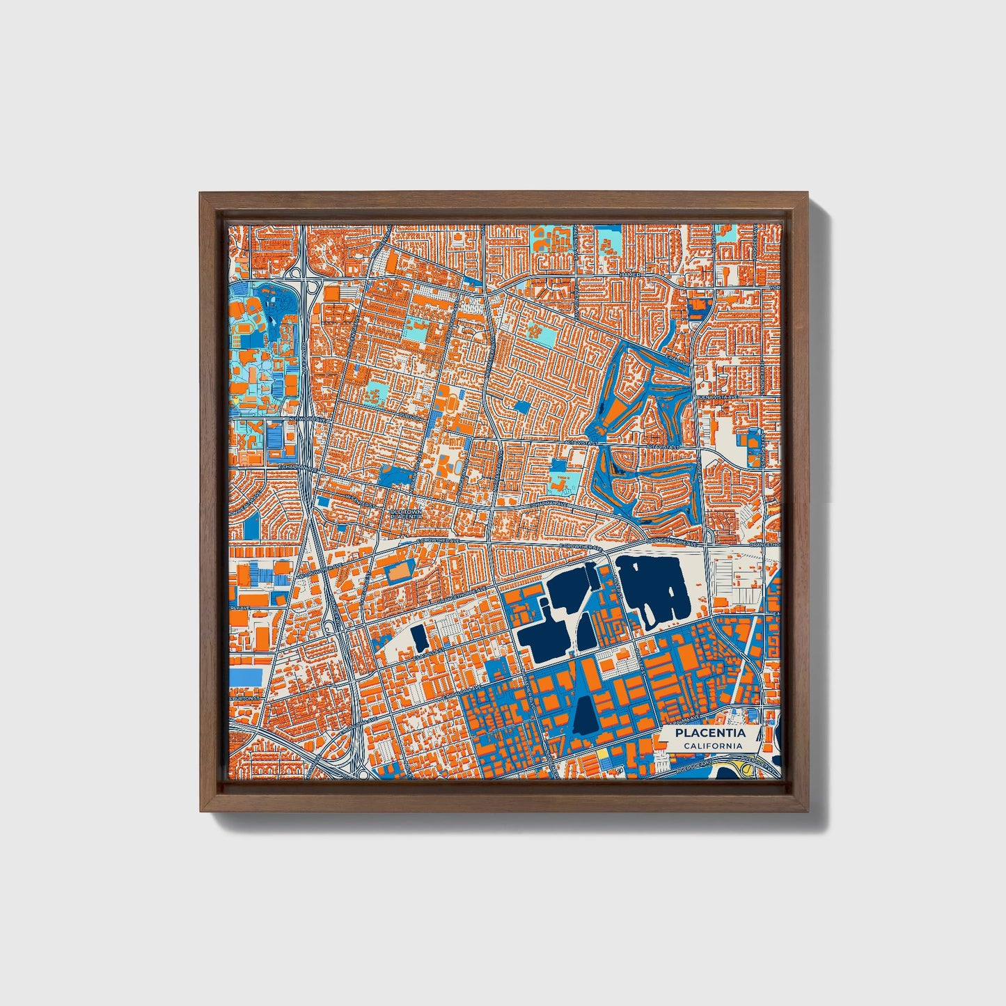Placentia California Colorful City Map Canvas Print • Dark Wooden Framed