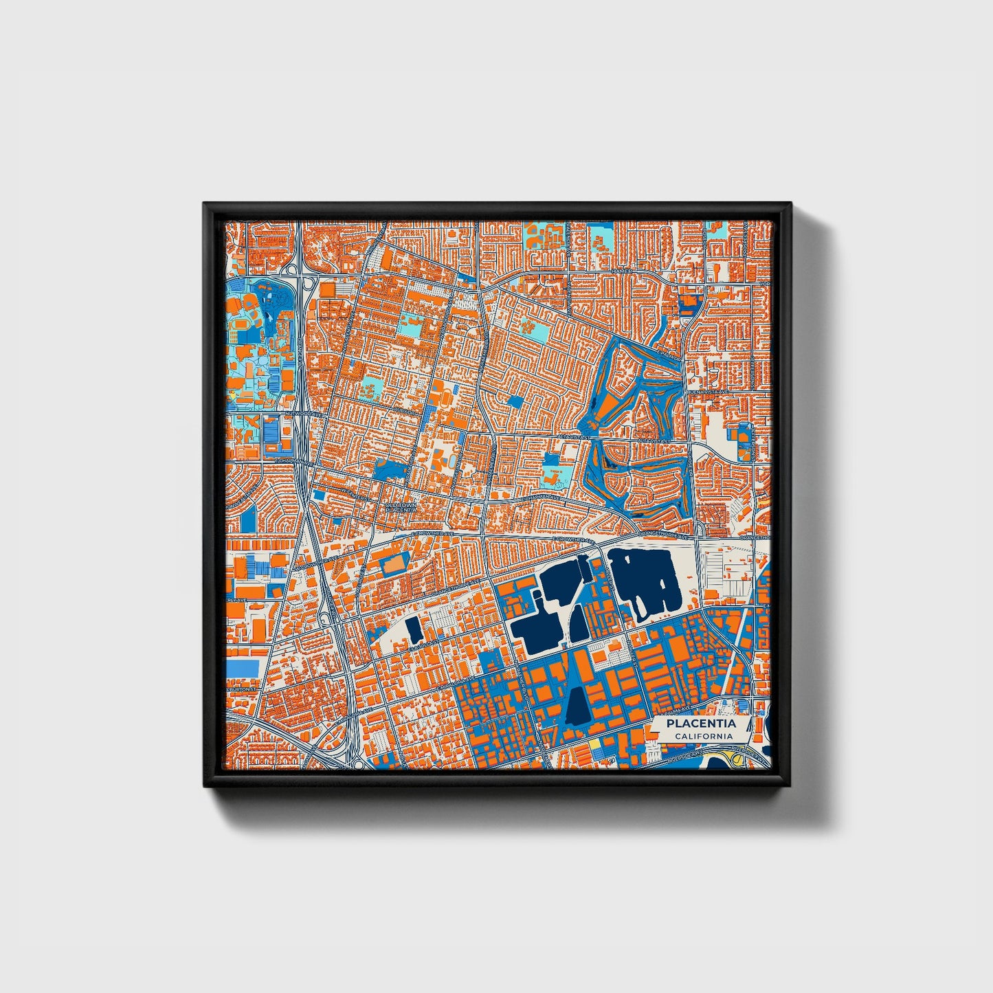 Placentia California Colorful City Map Canvas Print • Black Framed
