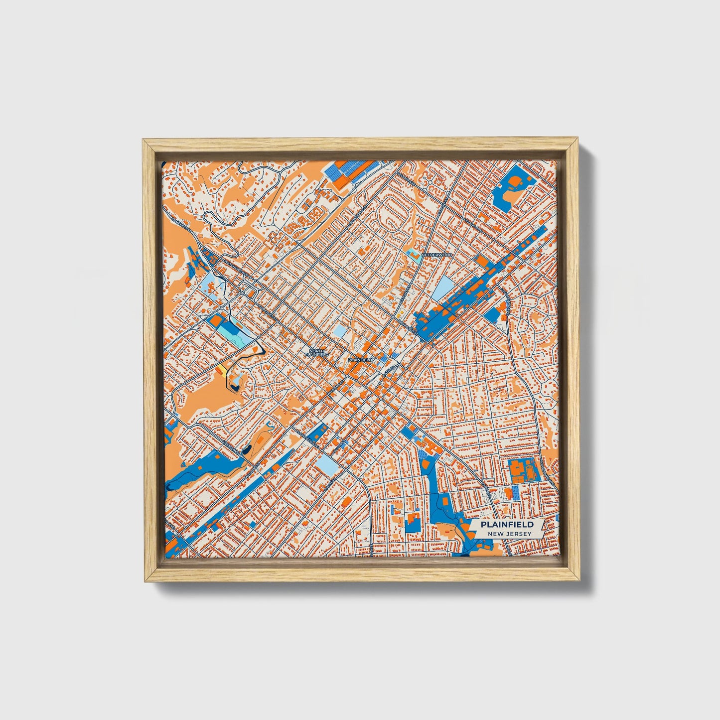 Plainfield New Jersey Colorful City Map Canvas Print • Natural Wooden Framed