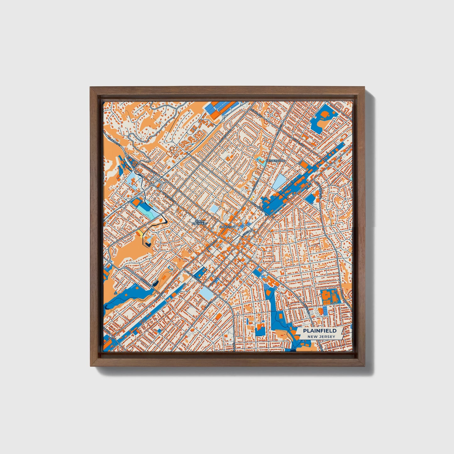 Plainfield New Jersey Colorful City Map Canvas Print • Dark Wooden Framed