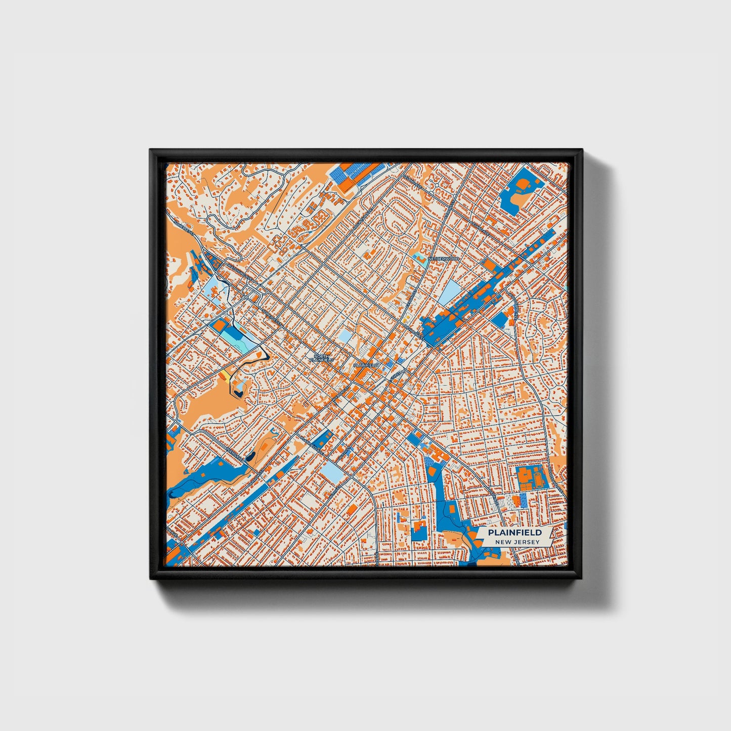 Plainfield New Jersey Colorful City Map Canvas Print • Black Framed