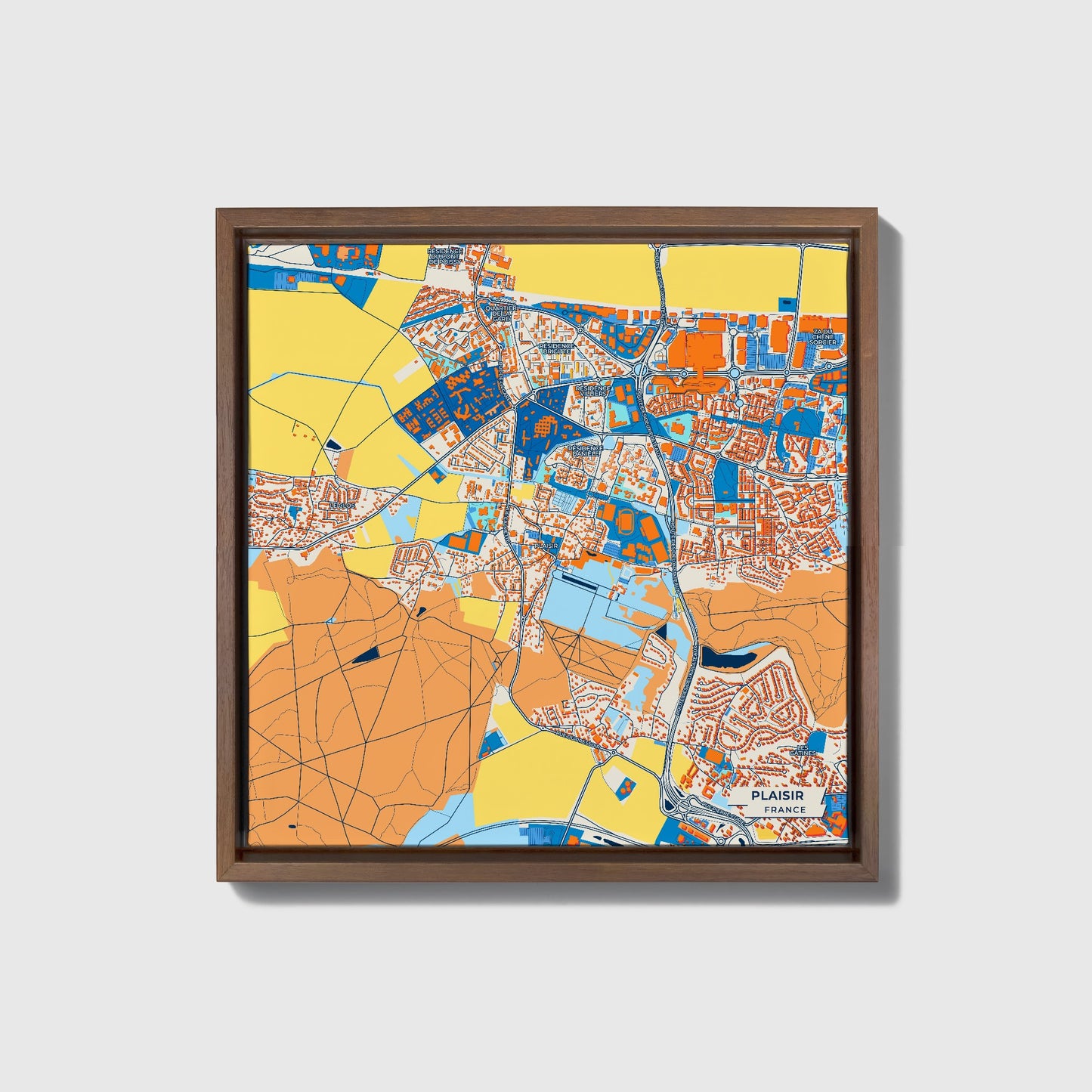Plaisir France Colorful City Map Canvas Print • Dark Wooden Framed