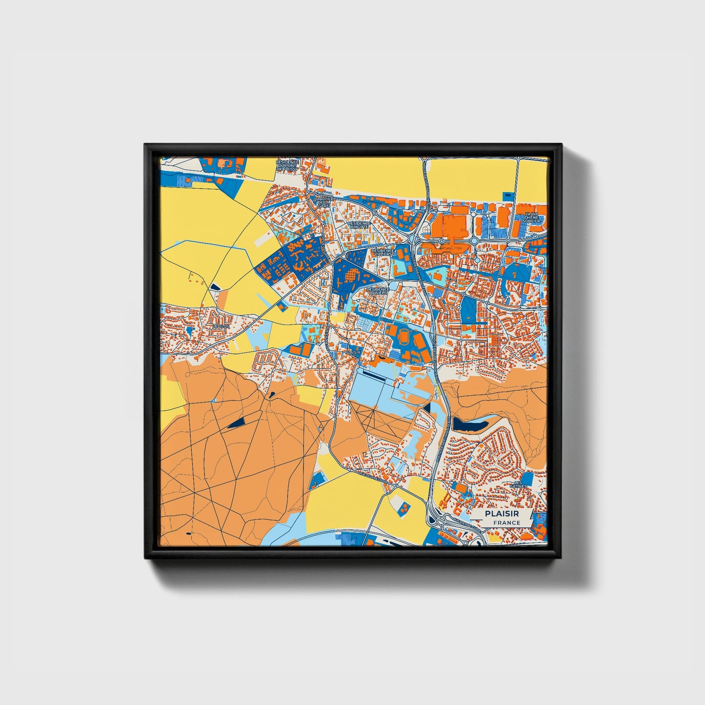 Plaisir France Colorful City Map Canvas Print • Black Framed