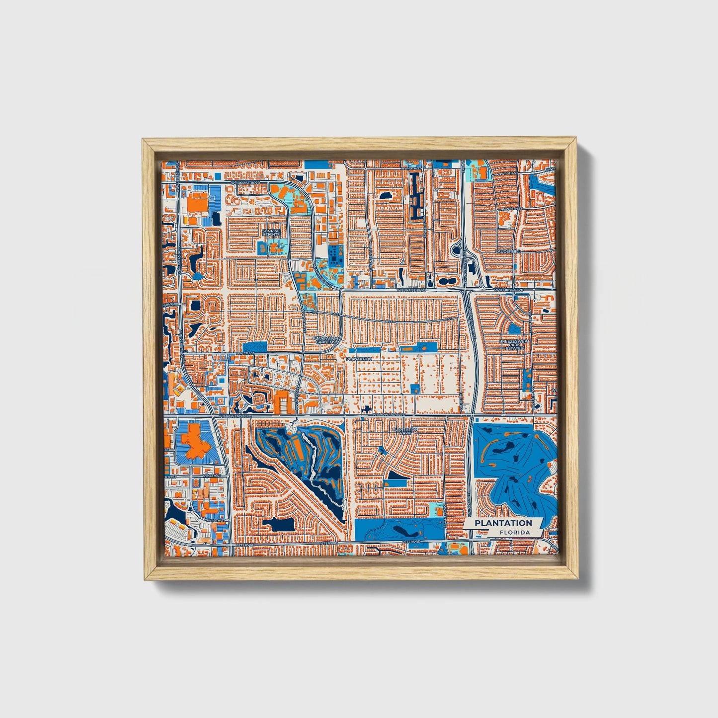 Plantation Florida Colorful City Map Canvas Print • Natural Wooden Framed