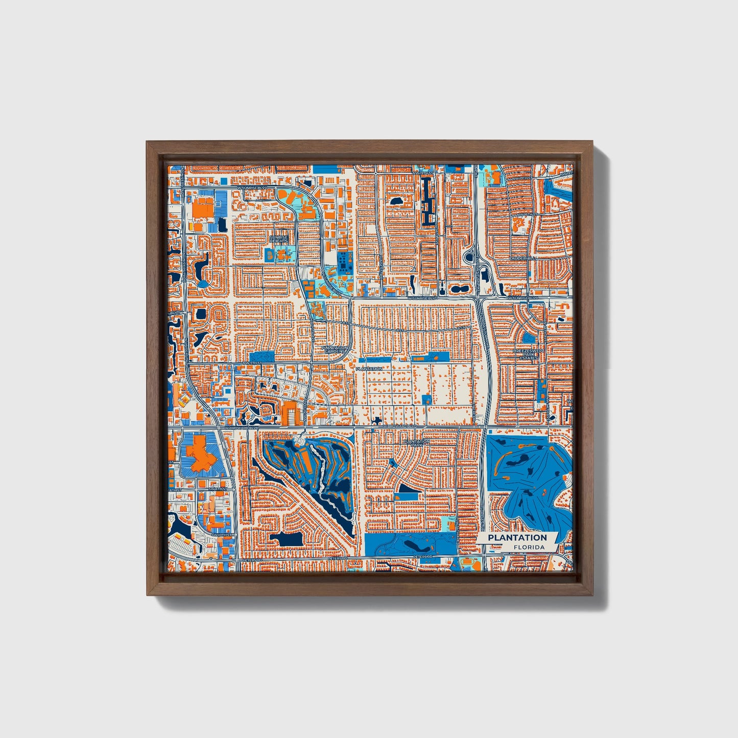 Plantation Florida Colorful City Map Canvas Print • Dark Wooden Framed