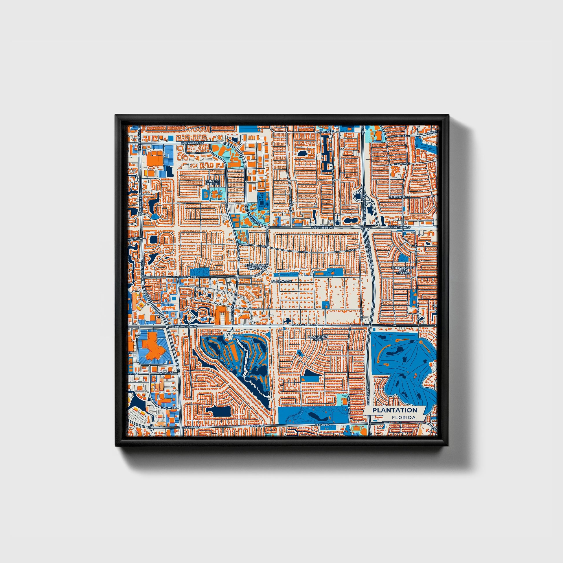 Plantation Florida Colorful City Map Canvas Print • Black Framed