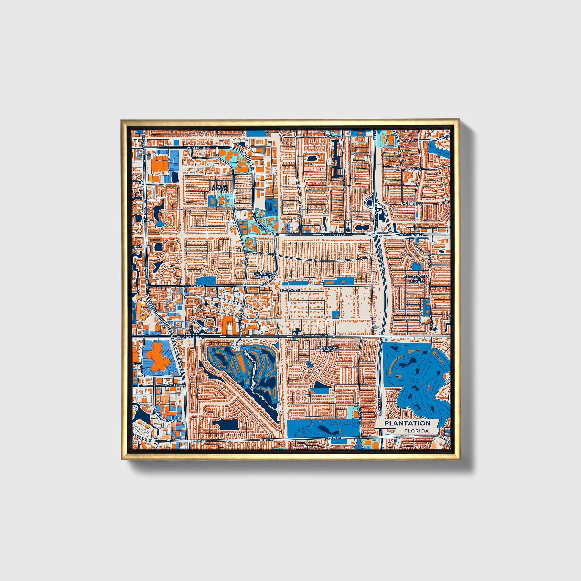 Plantation Florida Colorful City Map Canvas Print • Gold Framed