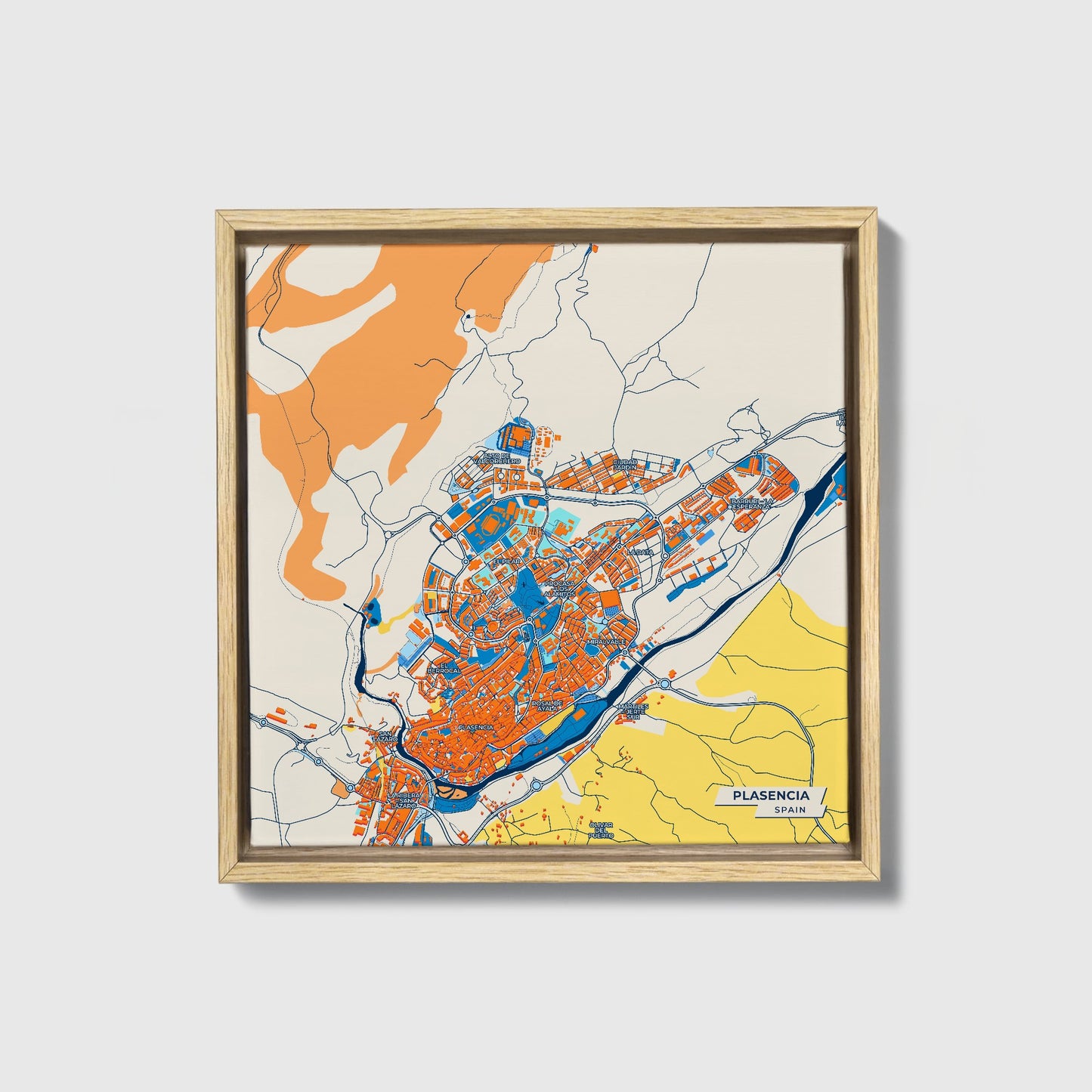 Plasencia Spain Colorful City Map Canvas Print • Natural Wooden Framed
