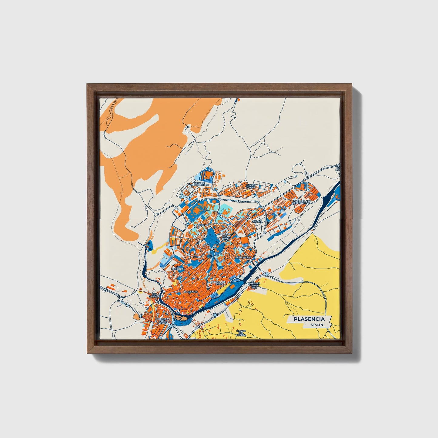 Plasencia Spain Colorful City Map Canvas Print • Dark Wooden Framed