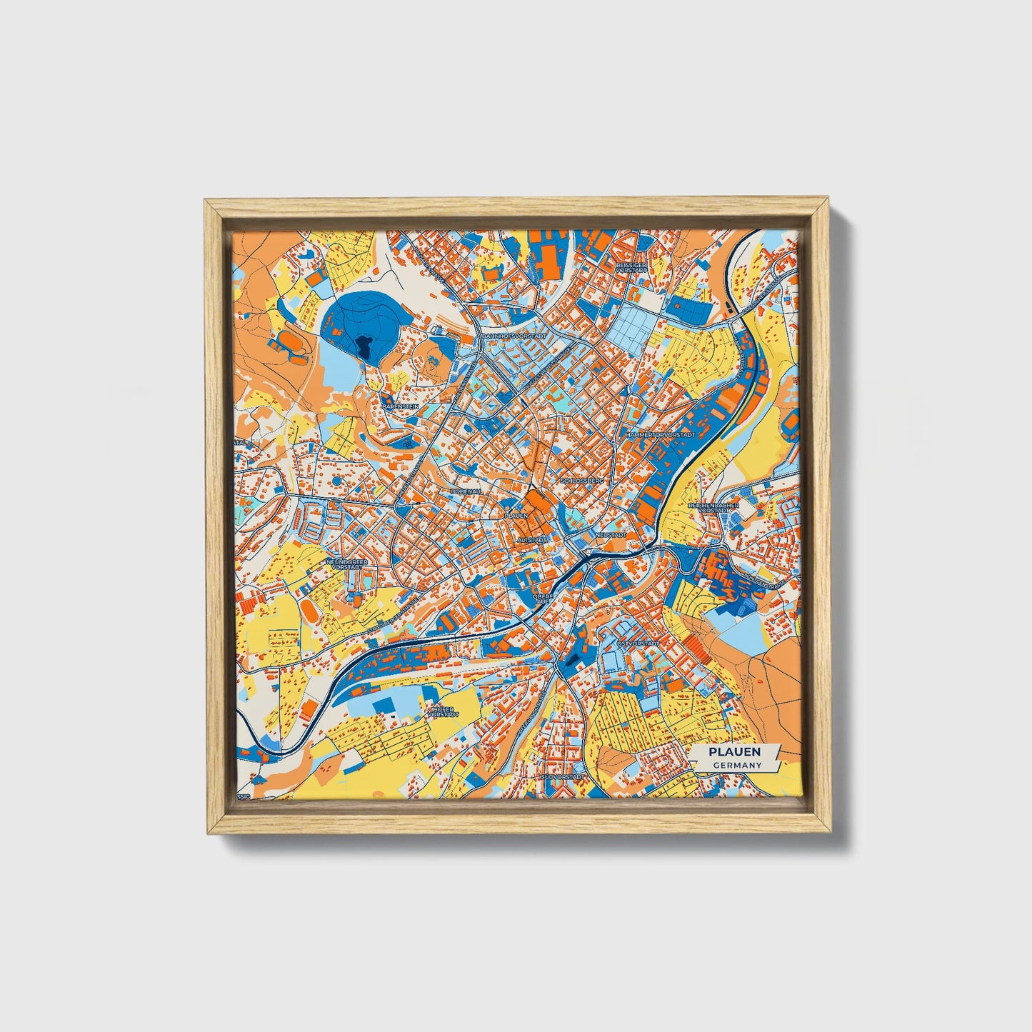 Plauen Germany Colorful City Map Canvas Print • Natural Wooden Framed