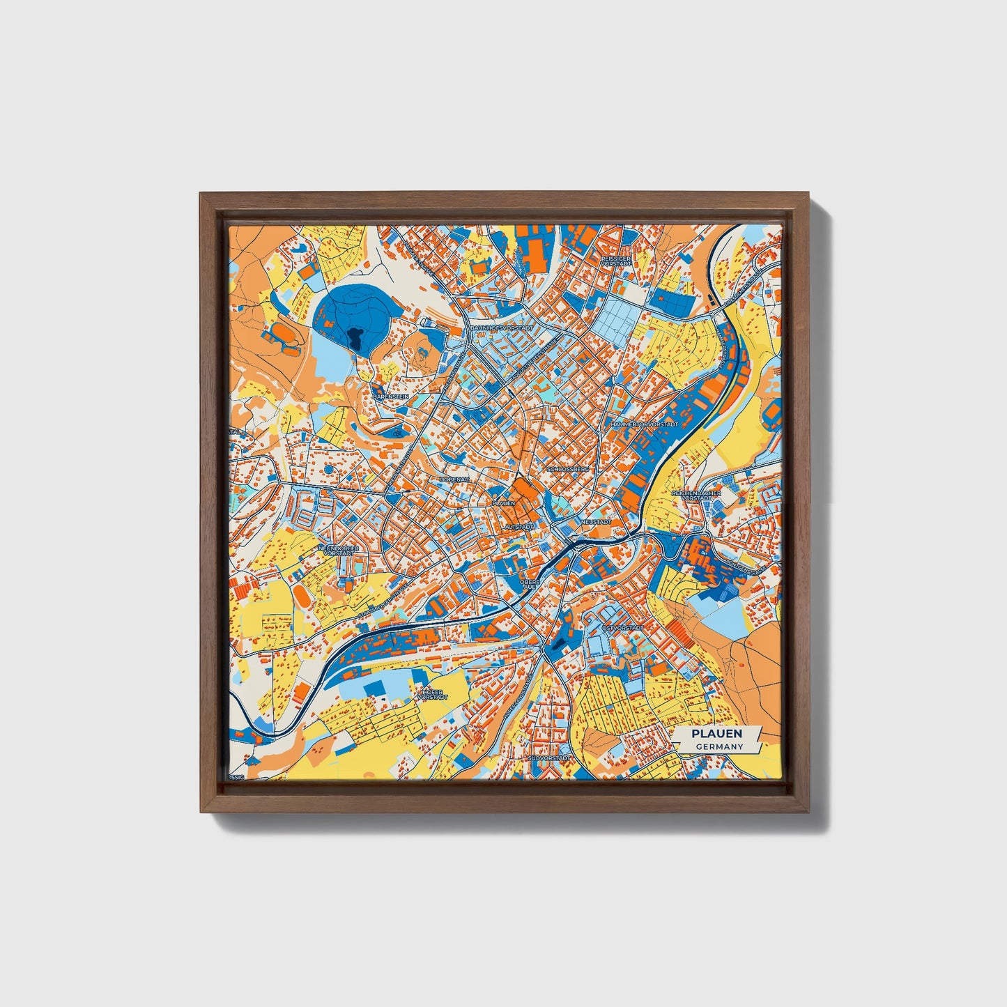 Plauen Germany Colorful City Map Canvas Print • Dark Wooden Framed