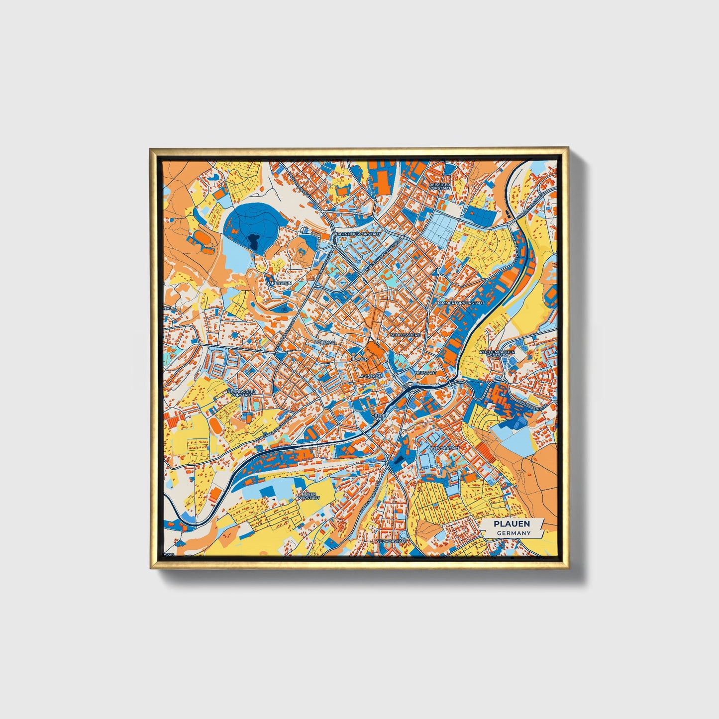 Plauen Germany Colorful City Map Canvas Print • Gold Framed