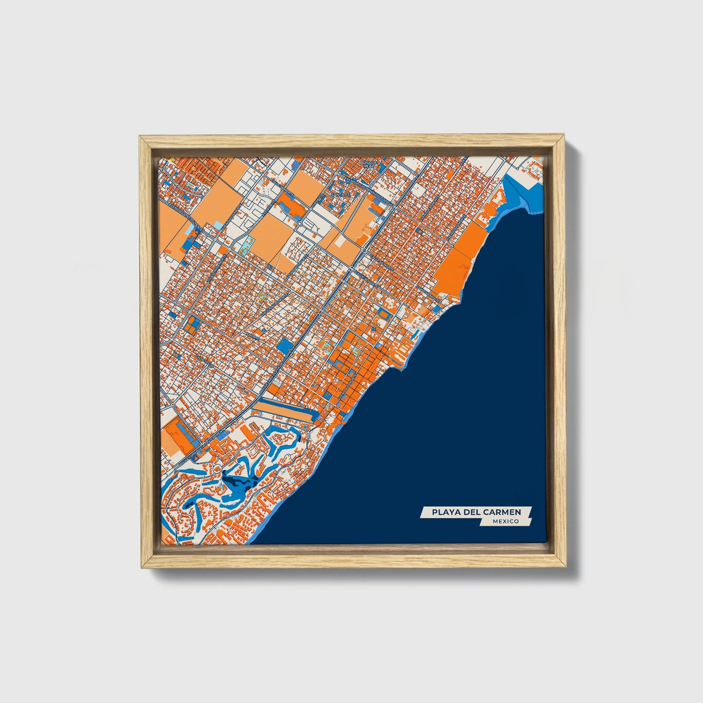 Playa Del Carmen Mexico Colorful City Map Canvas Print • Natural Wooden Framed
