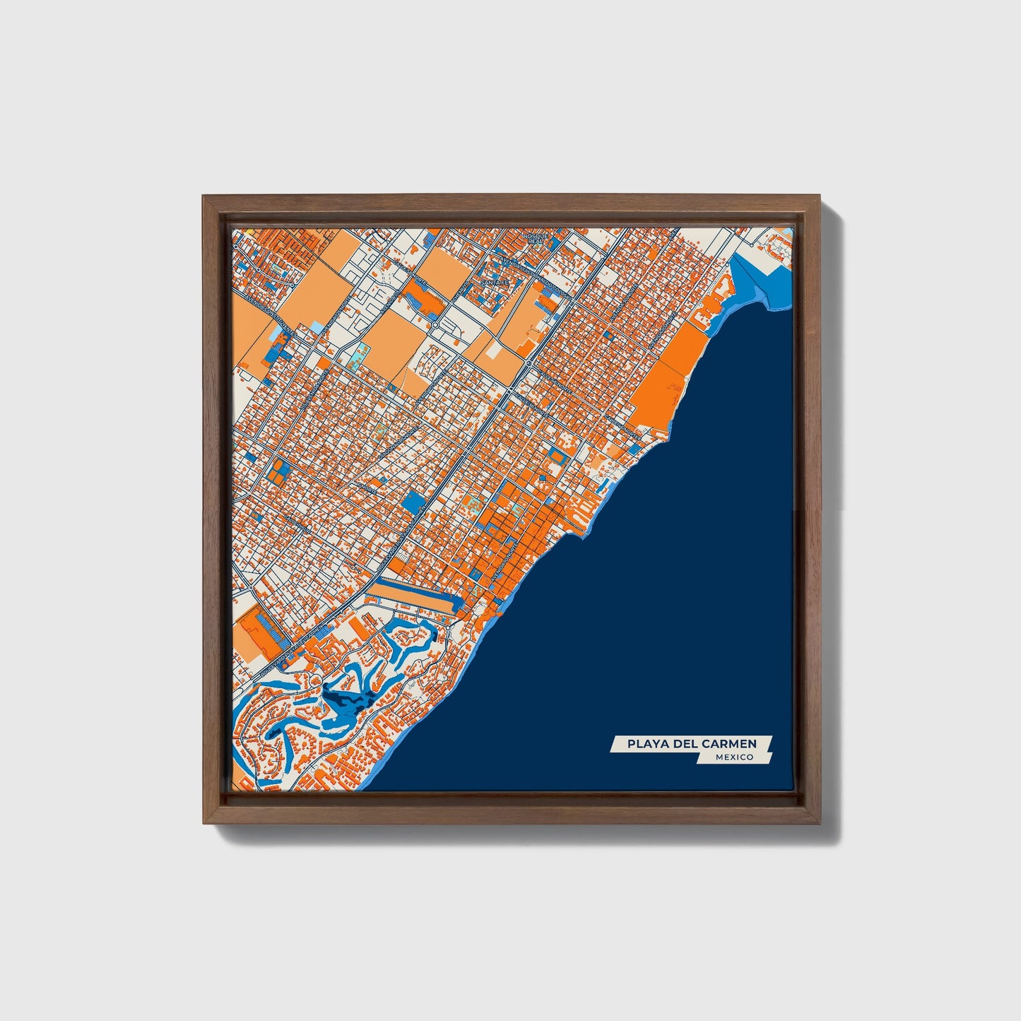 Playa Del Carmen Mexico Colorful City Map Canvas Print • Dark Wooden Framed