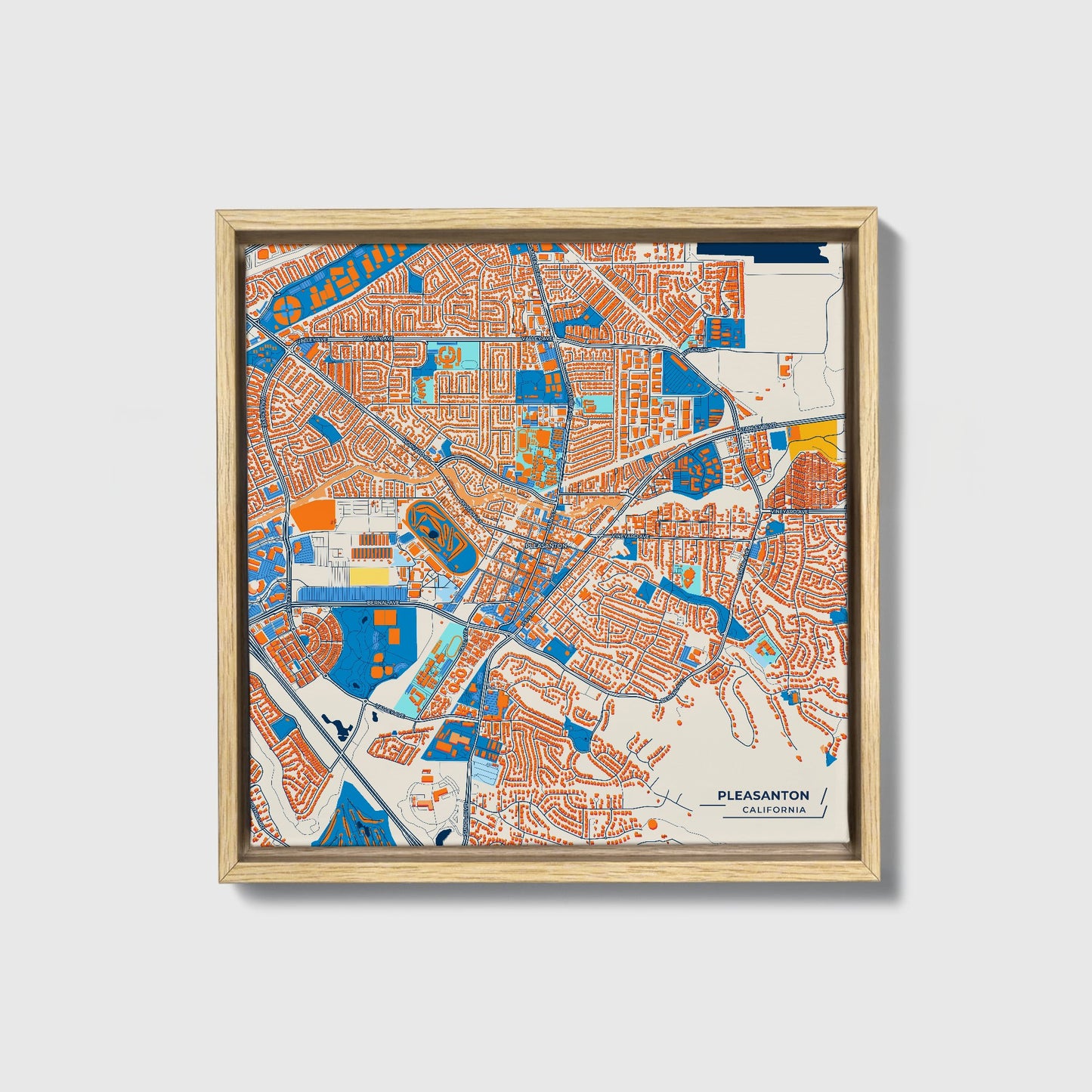 Pleasanton California Colorful City Map Canvas Print • Natural Wooden Framed