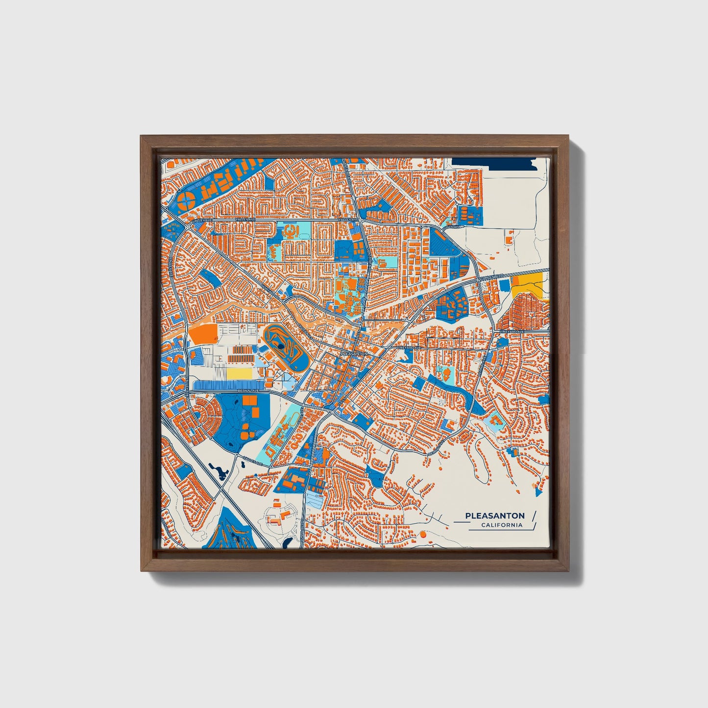 Pleasanton California Colorful City Map Canvas Print • Dark Wooden Framed