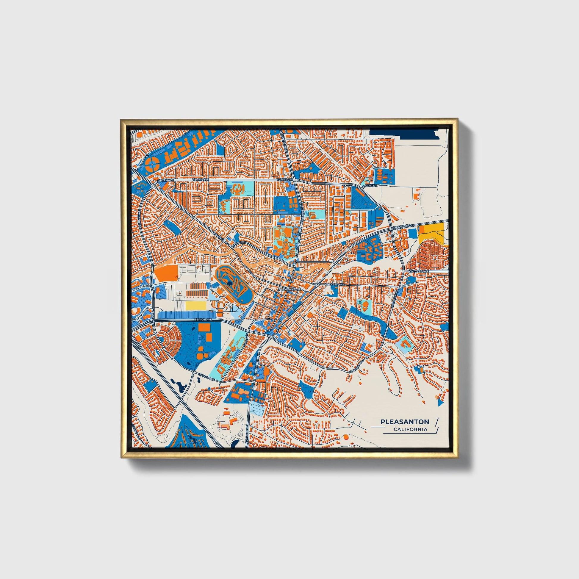 Pleasanton California Colorful City Map Canvas Print • Gold Framed