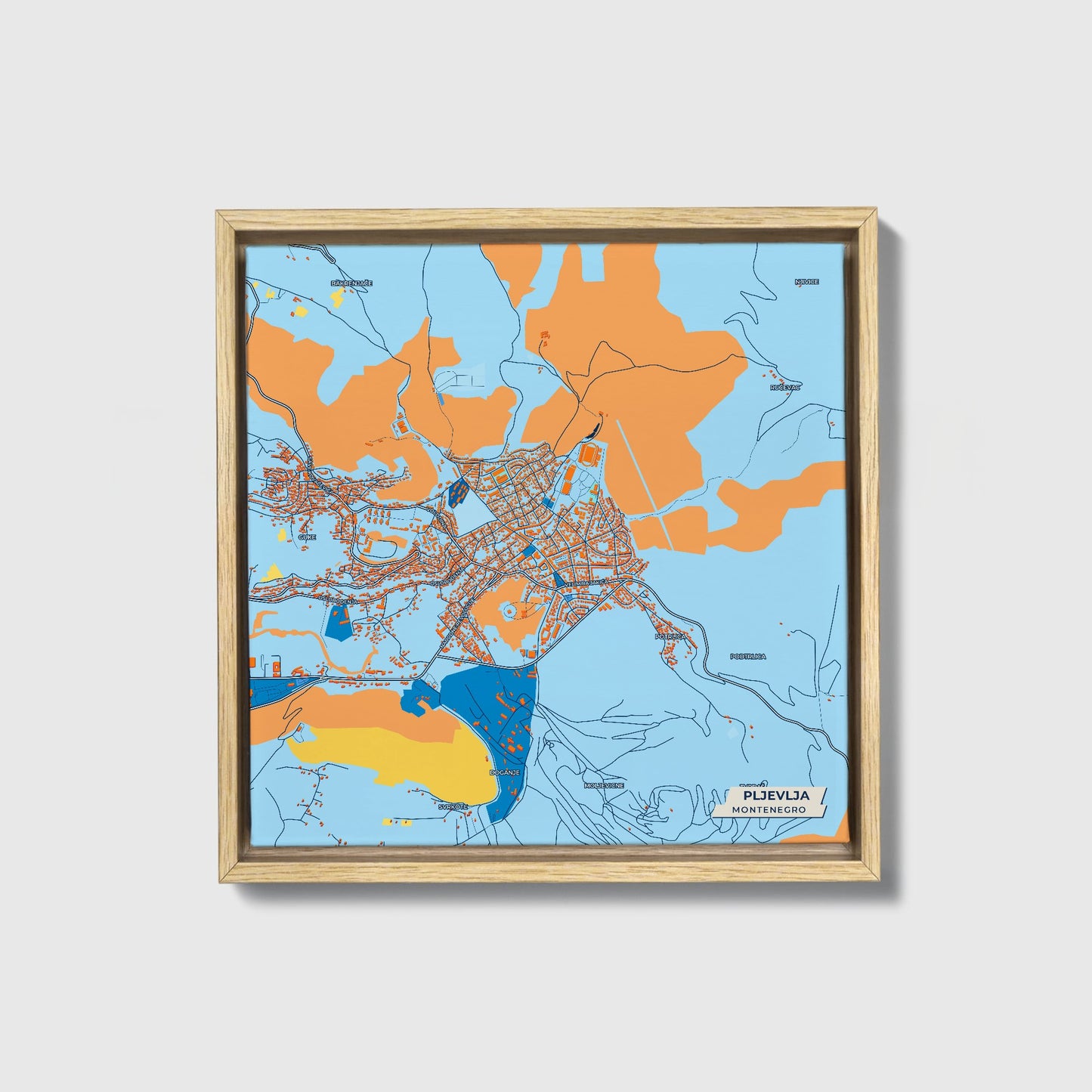 Pljevlja Montenegro Colorful City Map Canvas Print • Natural Wooden Framed