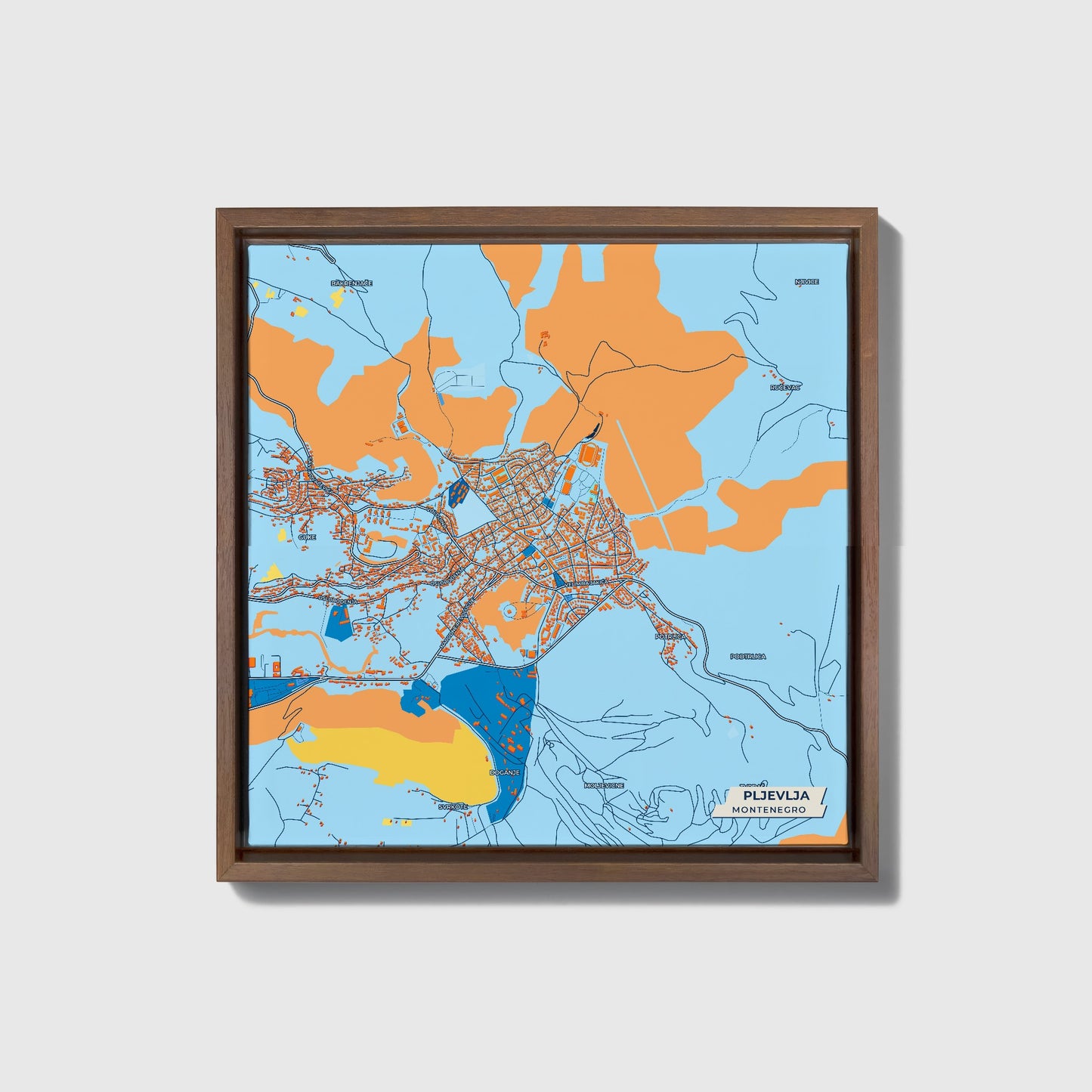 Pljevlja Montenegro Colorful City Map Canvas Print • Dark Wooden Framed