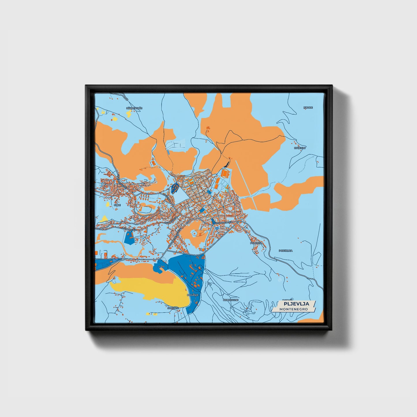 Pljevlja Montenegro Colorful City Map Canvas Print • Black Framed