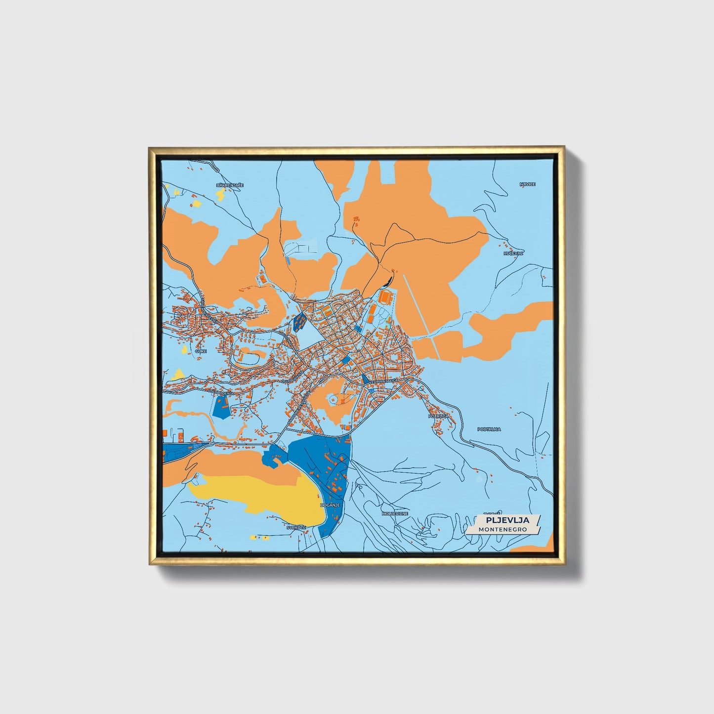 Pljevlja Montenegro Colorful City Map Canvas Print • Gold Framed